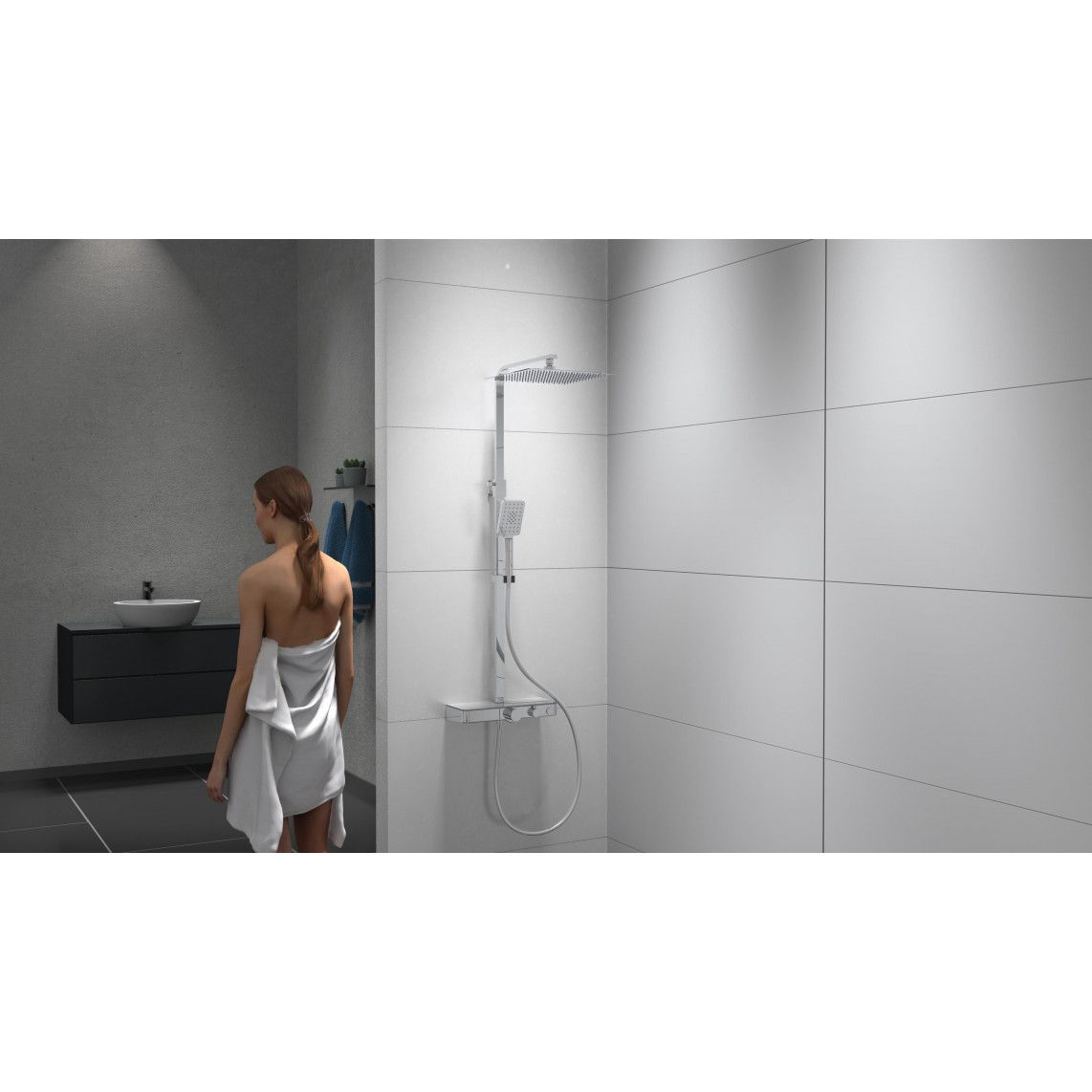 60530 OCEAN Overhead shower set, chrome/white, with thermostatic mixer, with tray vue 5