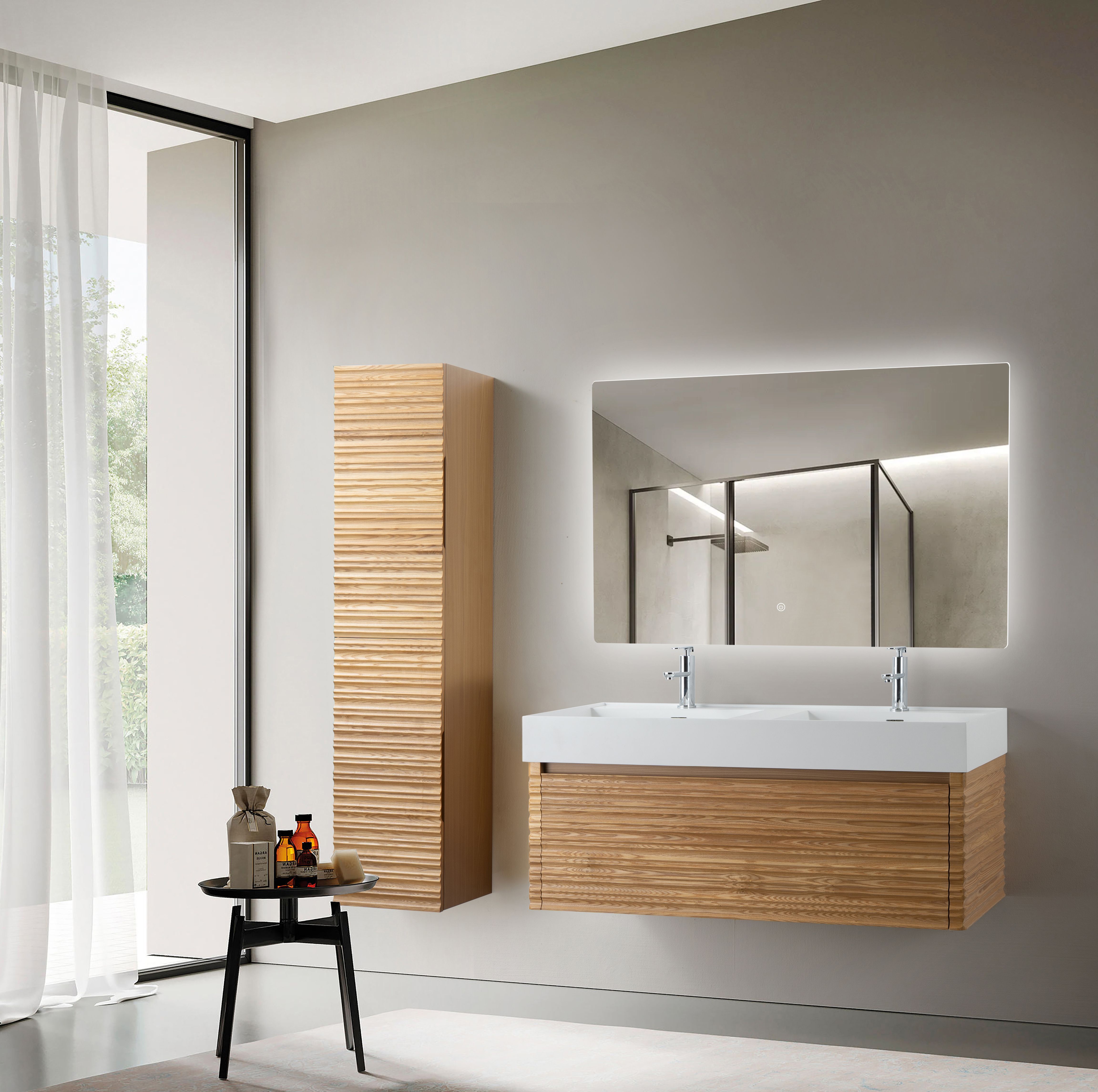 Kamellia Colonne - 2 Portes - Sans Poignées - Soft Close - Réversible - 35×160×35 CM - Noyer Clair