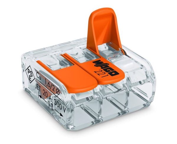 Borne de raccordement compact borne pour 3 conducteurs avec leviers de manipulation, Transparent