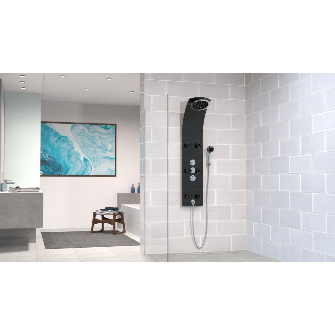 60029 LANZAROTE Shower panel, glass, black, with thermostatic mixer vue 5