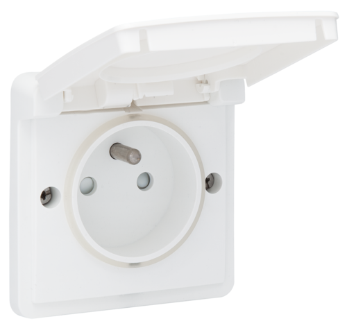 Prise de courant étanche aux projections d'eau 16 A avec broche de terre, obturateurs de protection et bornes à connexion rapide, couleur blanc