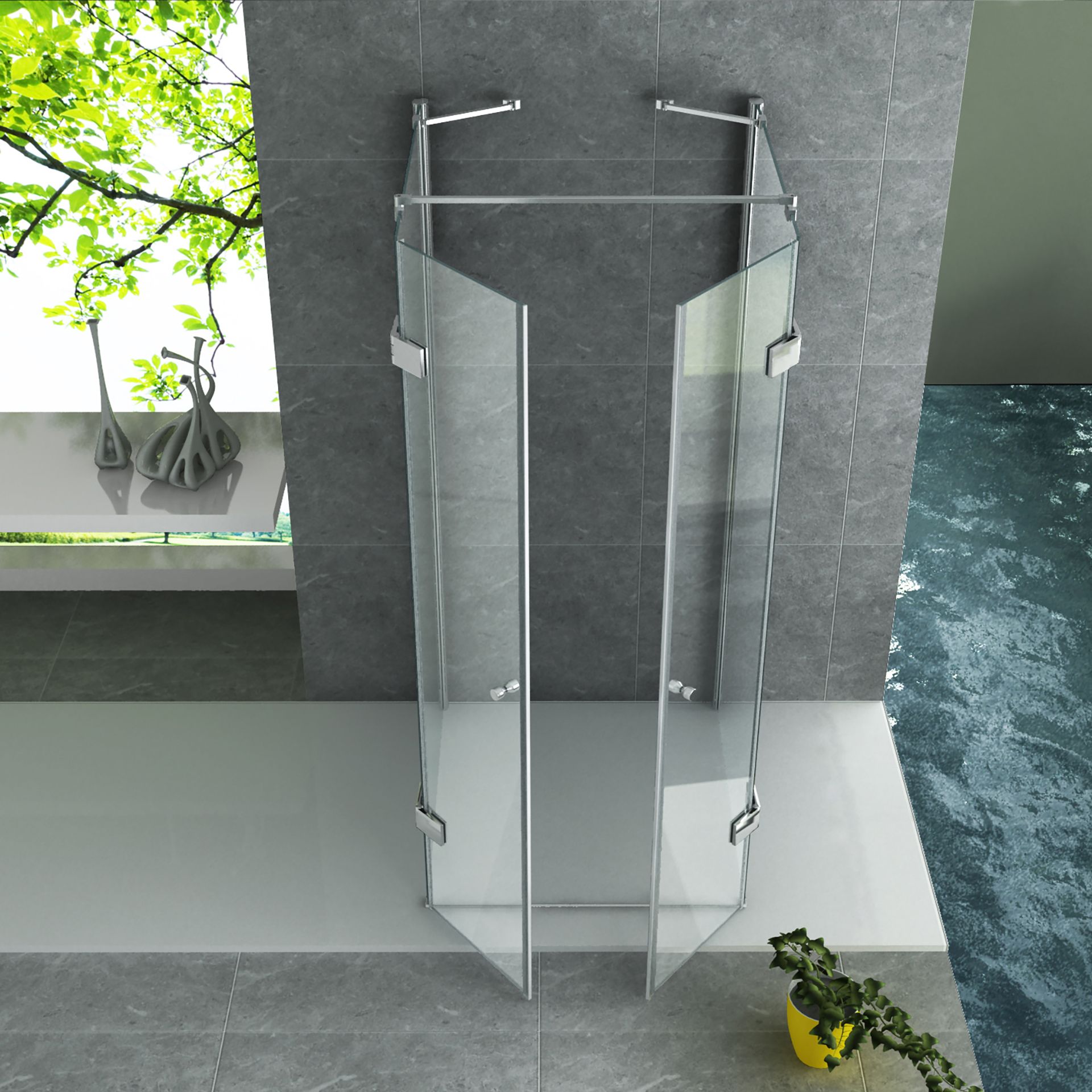ALONI CABINE DE DOUCHE U - 2 PORTES PIVOTANTES ET 2 PAROIS LATÉRALES - 900 X 900 X1950 MM - CHROME - VERRE CLAIR vue 3