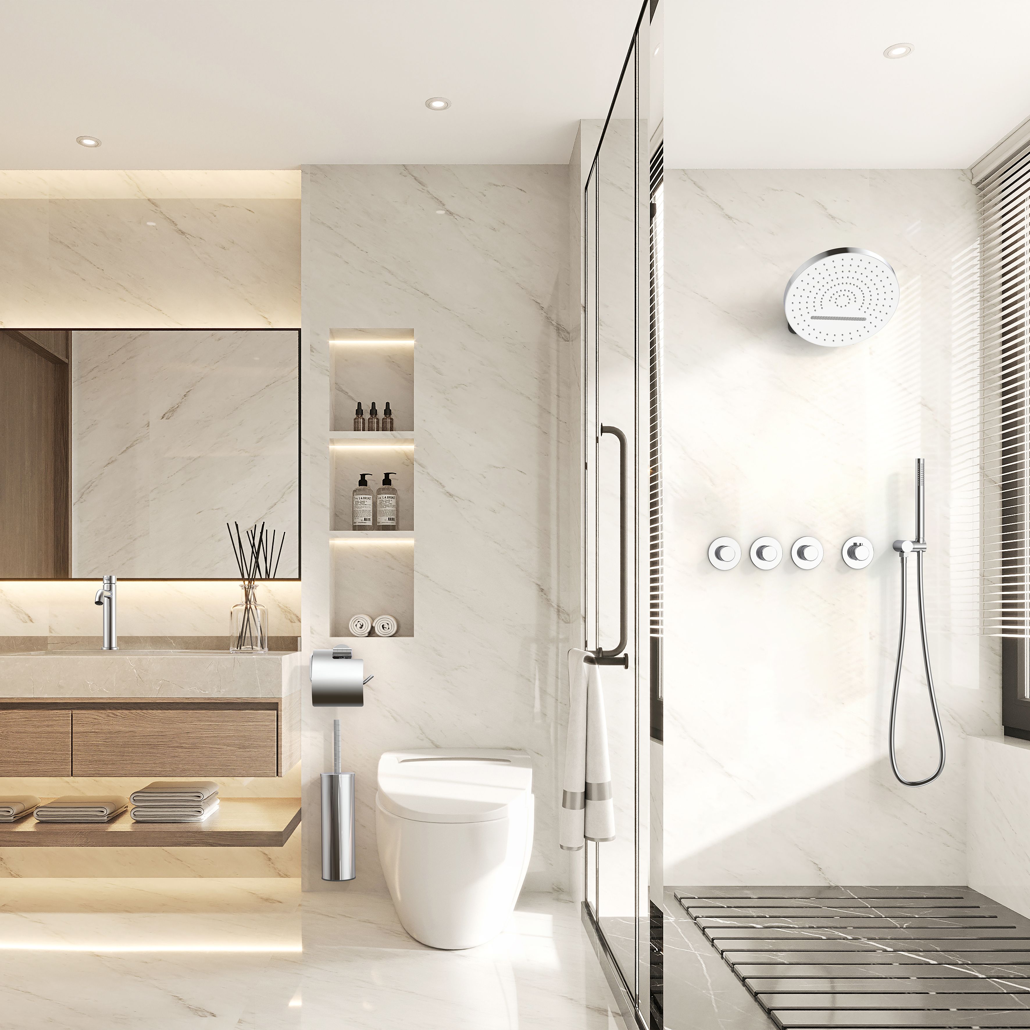 STRIA ÉLÉMENT DE FINITION POUR MITIGEUR DE DOUCHE – 3 VOIES AVEC 3 ROBINETS D’ARRÊT – THERMOSTATIQUE – ENCASTRÉ – RONDE – BOUTONS S AVEC STRUCTURE STRIÉE RAFFINÉE – CHROME vue 2