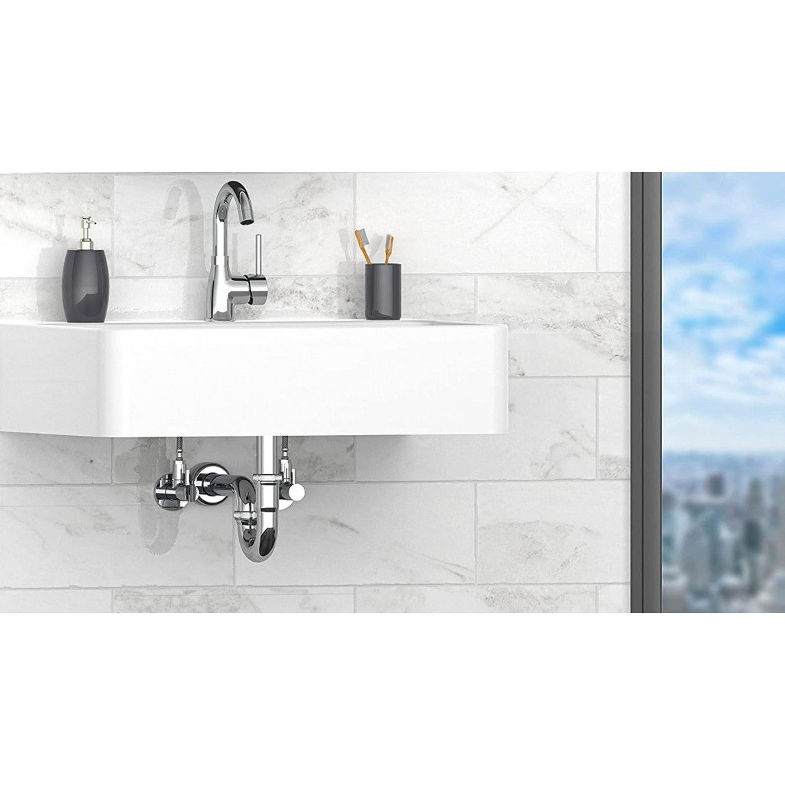 98800104 Wash basin tubular trap set, chrome, 1 1/4" x 32 mm, with fixing, with 2x angle valve vue 3