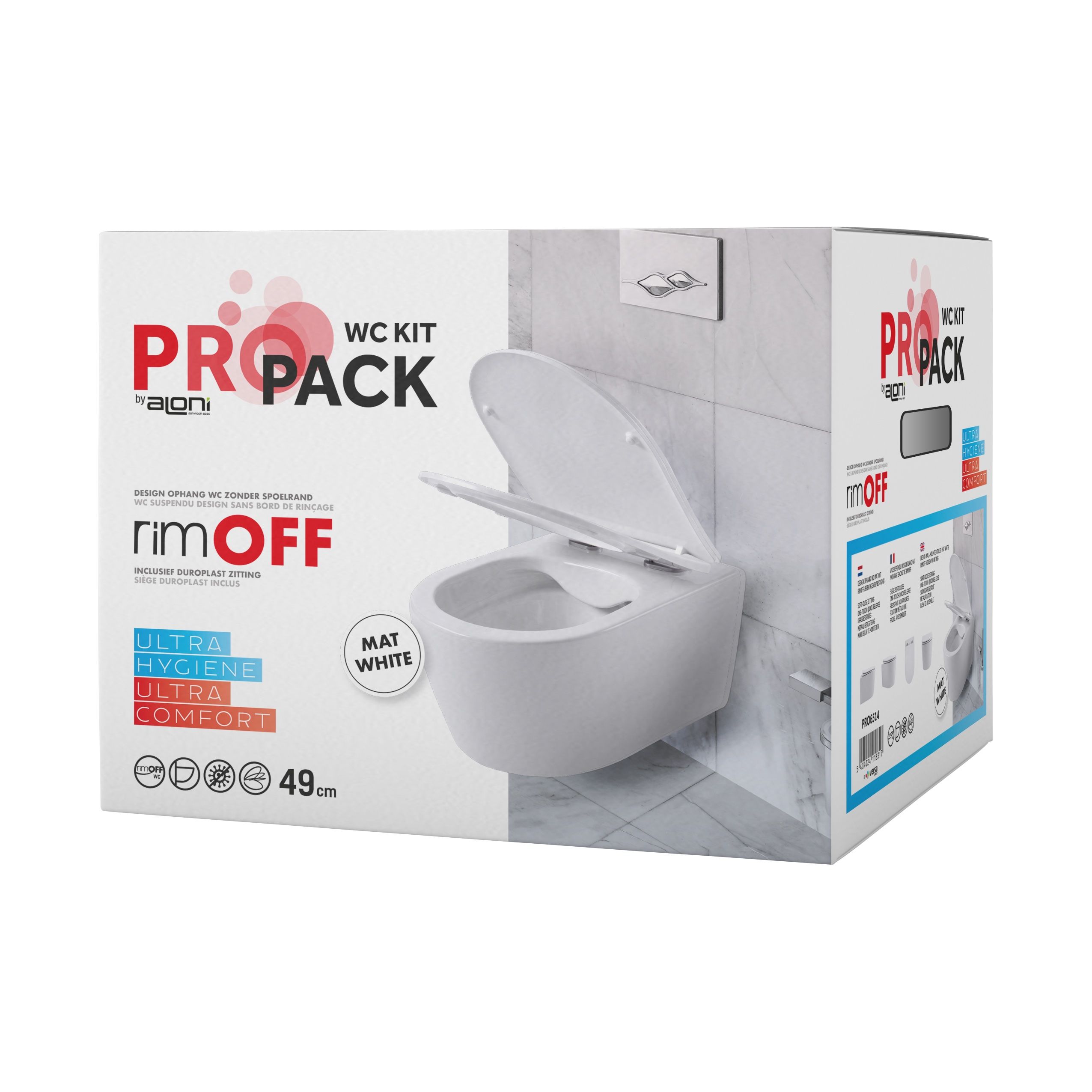 ALONI PRO WC SUSPENDU – SANS BRIDE – AVEC ABATTANT – DUROPLAST – SOFT CLOSE – QUICK RELEASE – COMPACT 49 CM - 36X32X49 CM – BLANC MAT vue 2