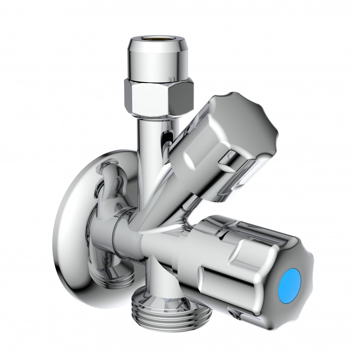 98629500 Additional angle valve, chrome, 3/8" male x 3/4" male x 3/8" male x 10 mmQ, with non-return valve, with self sealing vue 2