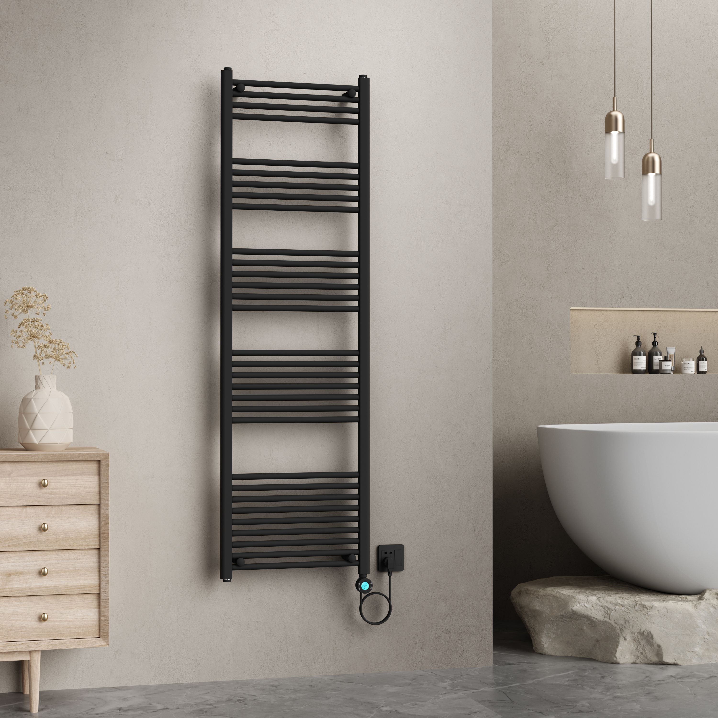 BELRAD ELEKTRISCHE HANDDOEKDROGER - MET DIGITALE, PROGRAMEERBARE THERMOSTAAT - SMART WIFI - AANSLUITING RECHTS - 1000W - 1800X550 MM - MAT ZWART vue 2