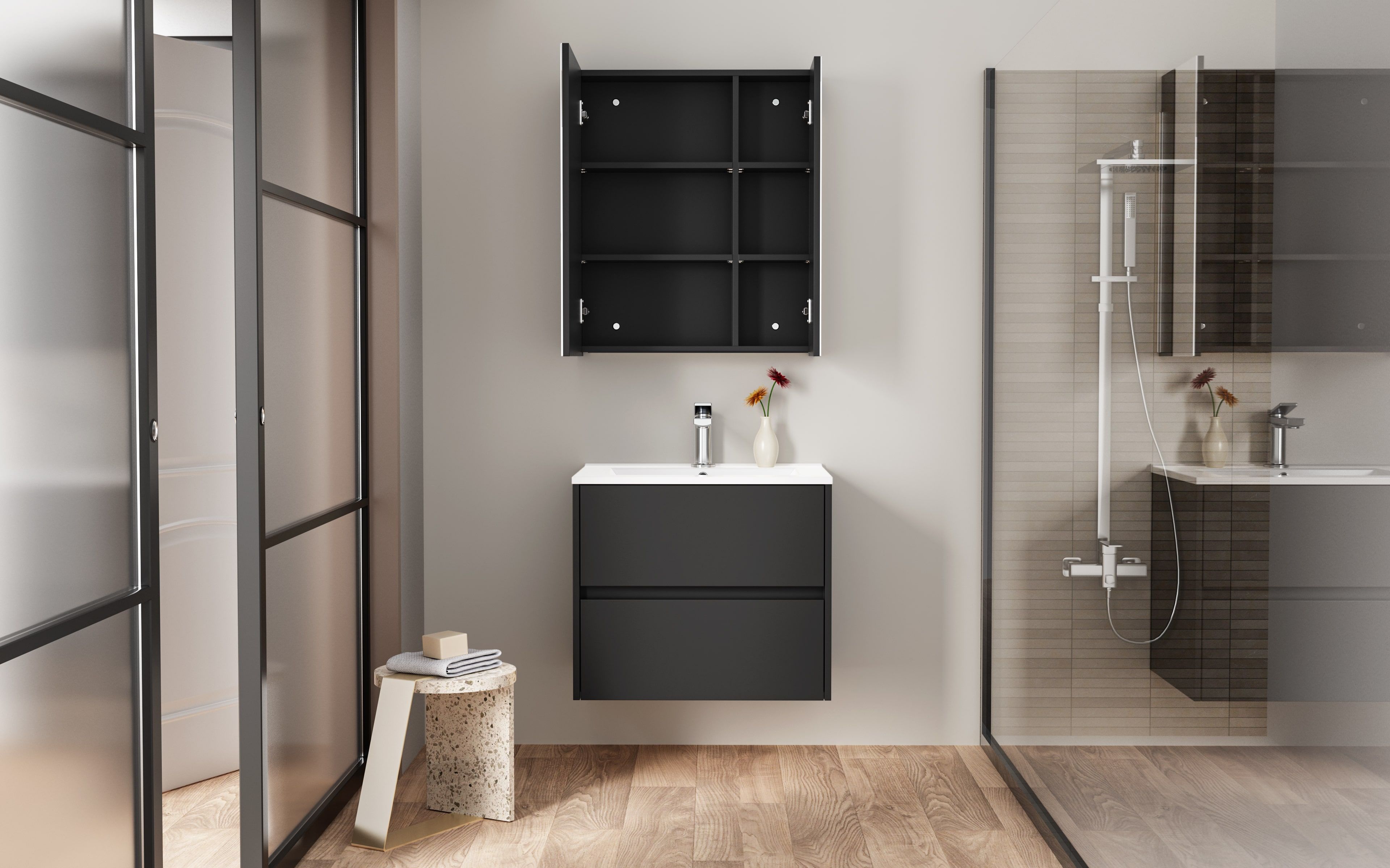 Aloni Hayat Meuble Sous-vasque - 2 Tiroirs - Sans Poignee - Soft Close – 59,5×50×45 CM - Noir Mat