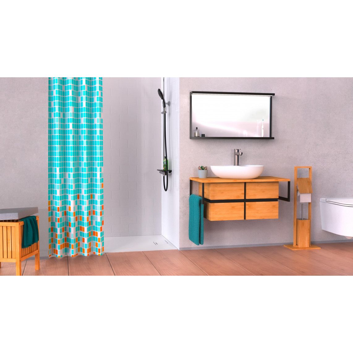 BA0402 Shower curtain, mosaic blue/orange vue 6