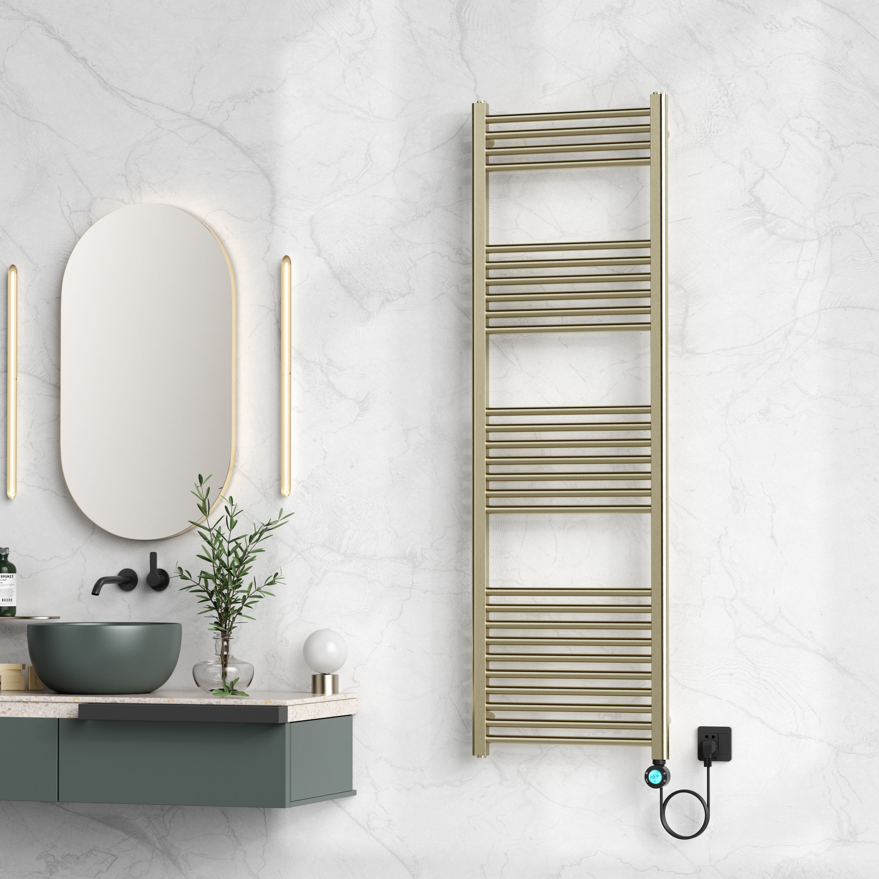 BELRAD ELEKTRISCHE HANDDOEKDROGER - MET DIGITALE, PROGRAMEERBARE THERMOSTAAT - SMART WIFI - AANSLUITING RECHTS - 900W - 1600X500 MM - GEBORSTELD GOUD vue 2