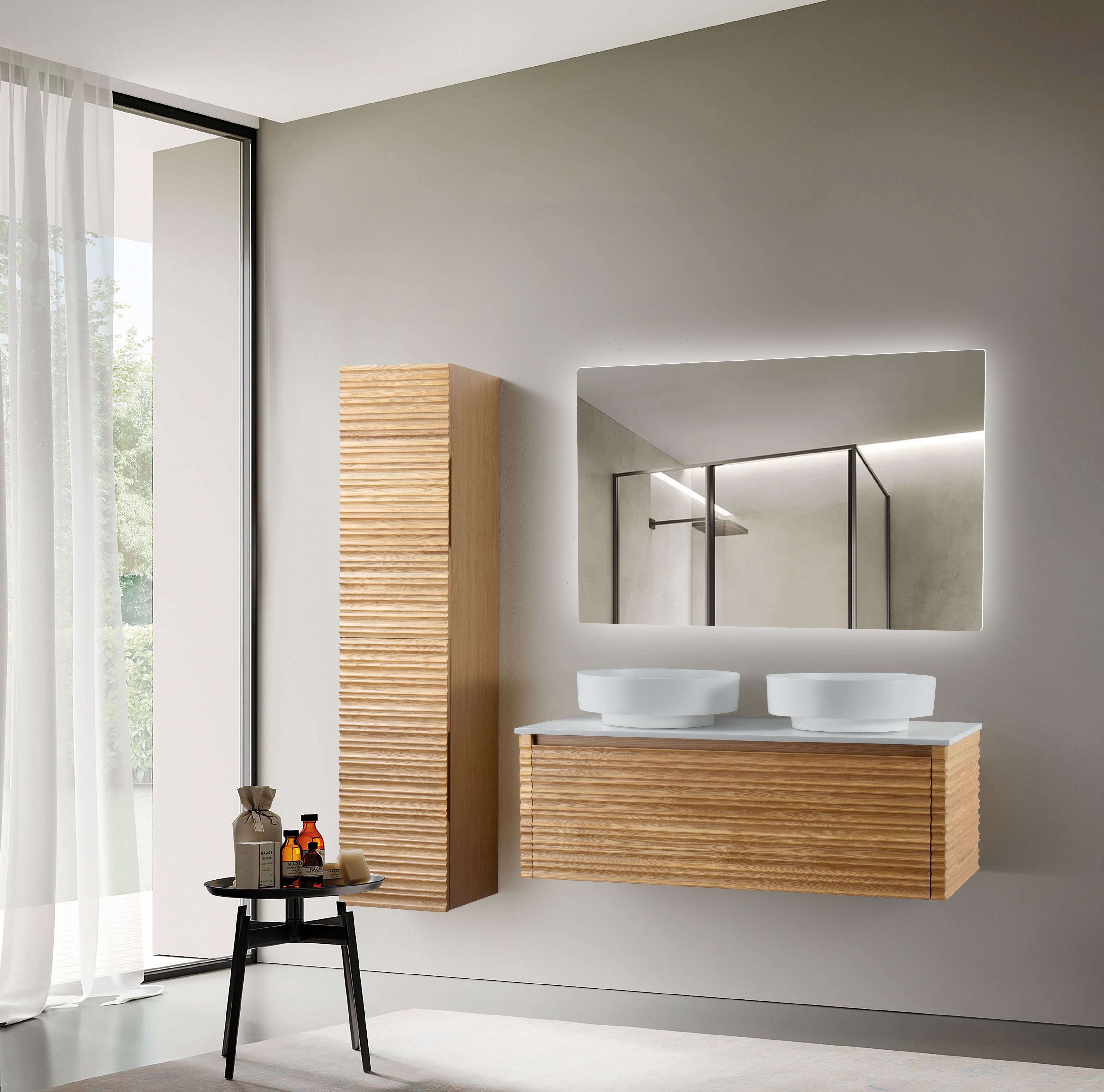 Kamellia Meuble Sous-vasque - 1 Tiroir - Sans Poignée - Soft Close – 119×40×52 CM - Noyer Clair