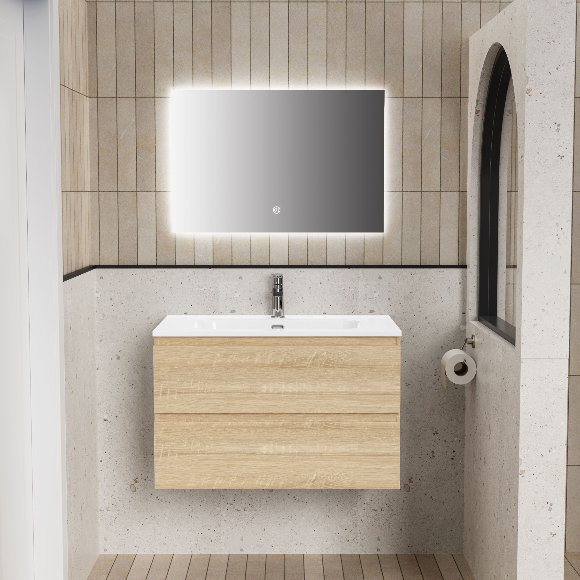 ALONI LIVA ENSEMBLE DE MEUBLE DE SALLE DE BAIN COMPLET – AVEC MEUBLE SOUS-VASQUE – AVEC VASQUE – AVEC MIROIR LED – 80 CM – CHÊNE vue 2