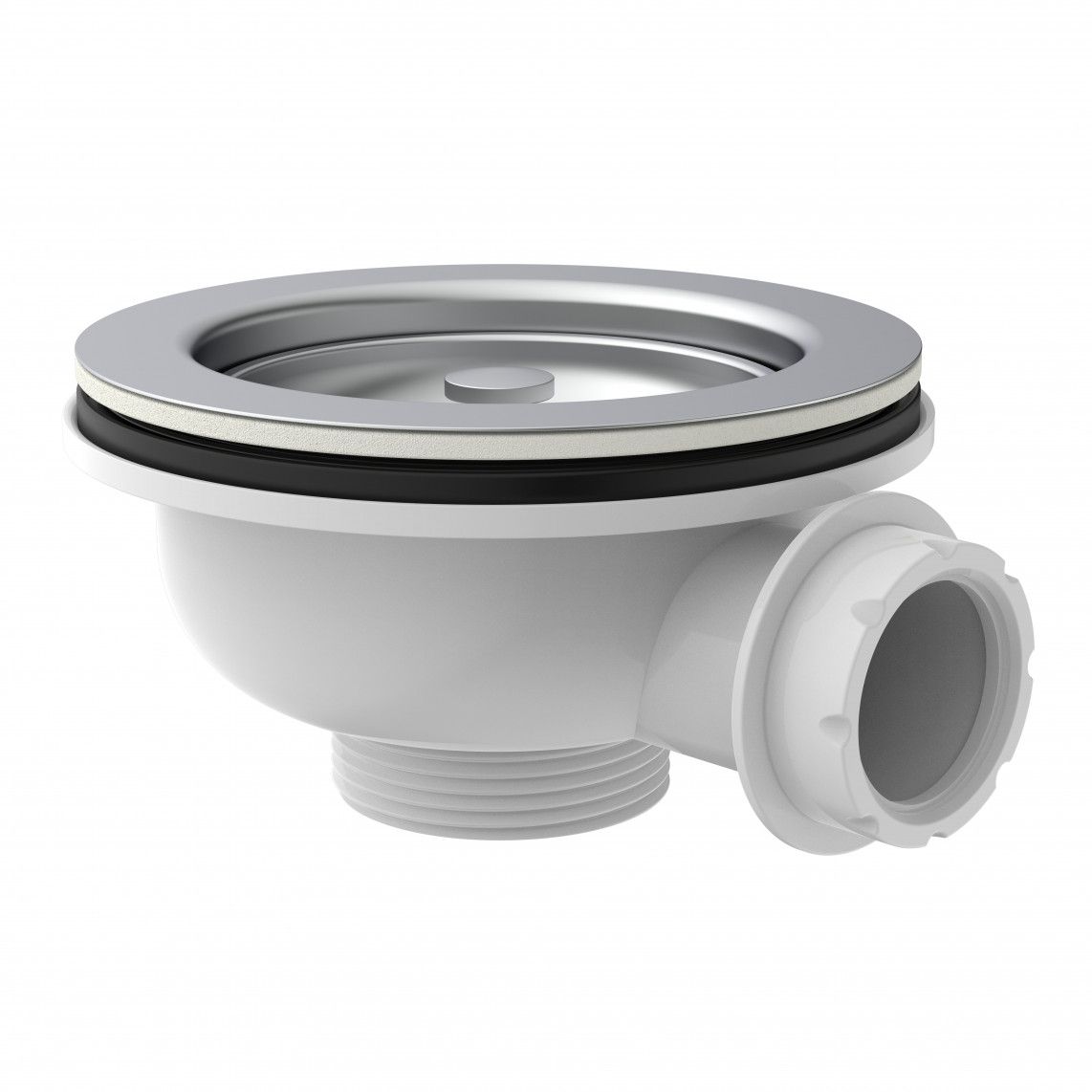 98835340 KS korfventiel, 1 1/2"BU, RVS ontruimingskelk & zeef Ø114 mm, met 1" overloop aansluiting vue 2