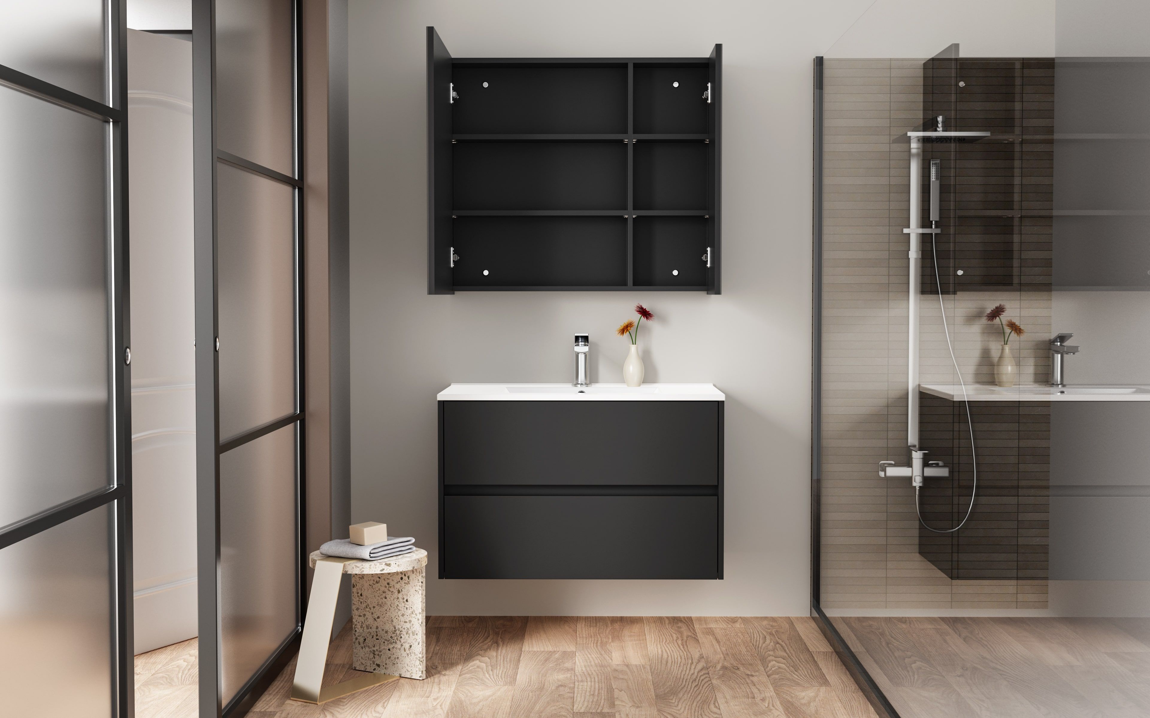Aloni Hayat Meuble Sous-vasque - 2 Tiroirs - Sans Poignee - Soft Close – 79,5×50×45 CM - Noir Mat