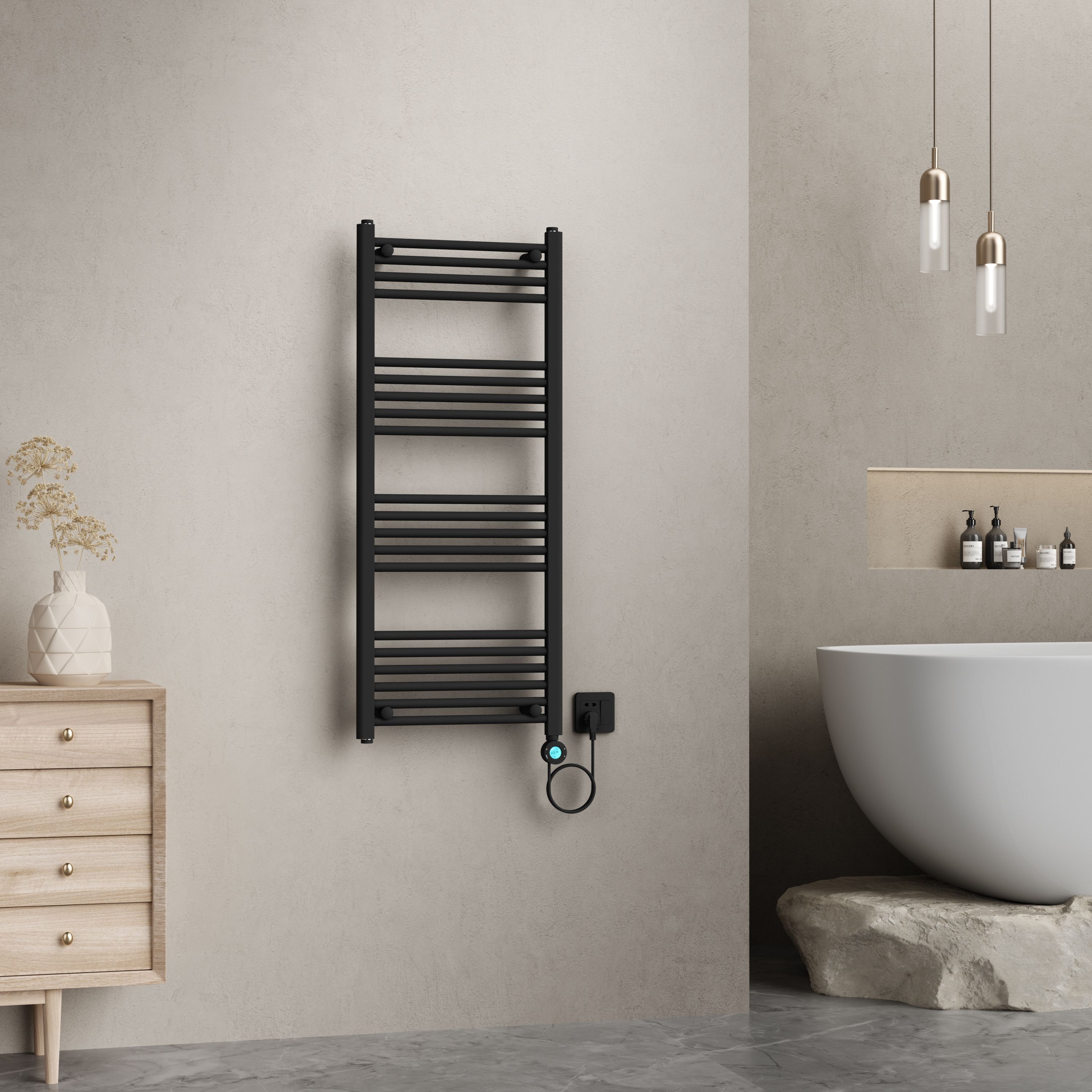 BELRAD SÈCHE-SERVIETTES ÉLECTRIQUE – AVEC THERMOSTAT NUMÉRIQUE PROGRAMMABLE – SMART WIFI - RACCORD À DROITE – 700W – 1200X500 MM – NOIR MAT vue 2