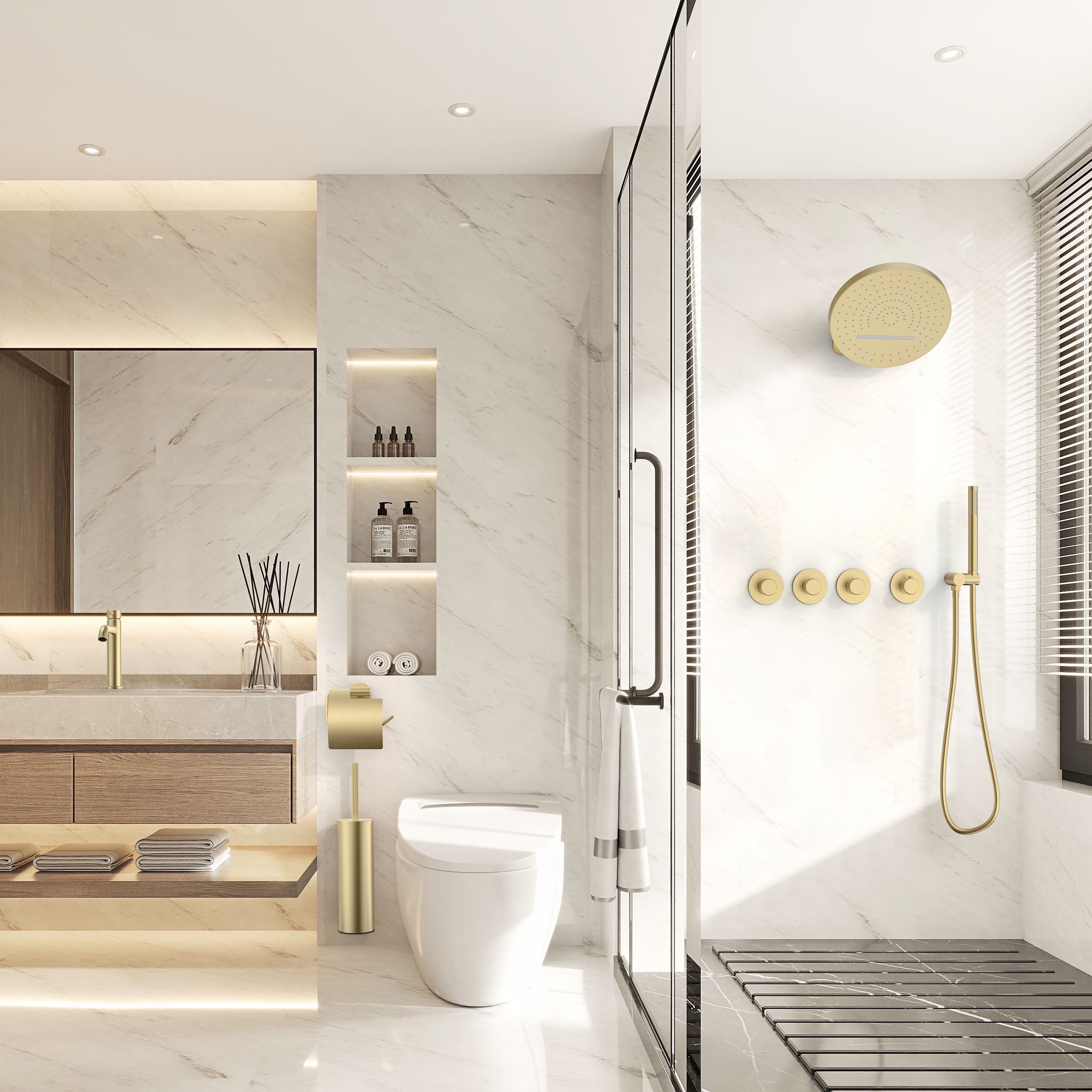 STRIA ÉLÉMENT DE FINITION POUR MITIGEUR DE DOUCHE – 3 VOIES AVEC 3 ROBINETS D’ARRÊT – THERMOSTATIQUE – ENCASTRÉ – RONDE – BOUTONS S AVEC STRUCTURE STRIÉE RAFFINÉE – OR BROSSÉ (PVD) vue 2