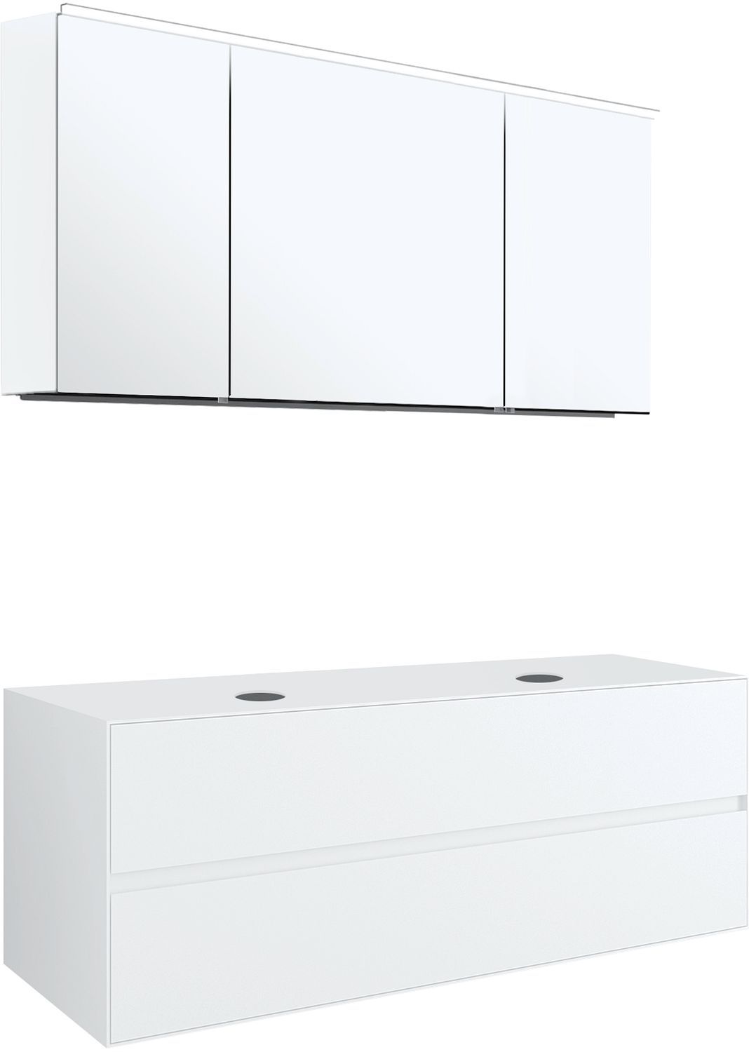 MEUBEL 2LADES+TABLET VOOR 2 OPBOUWLAVABOS TENSO 140CM ZONDER KRAANGAT WIT MET SPIEGELKAST vue 1