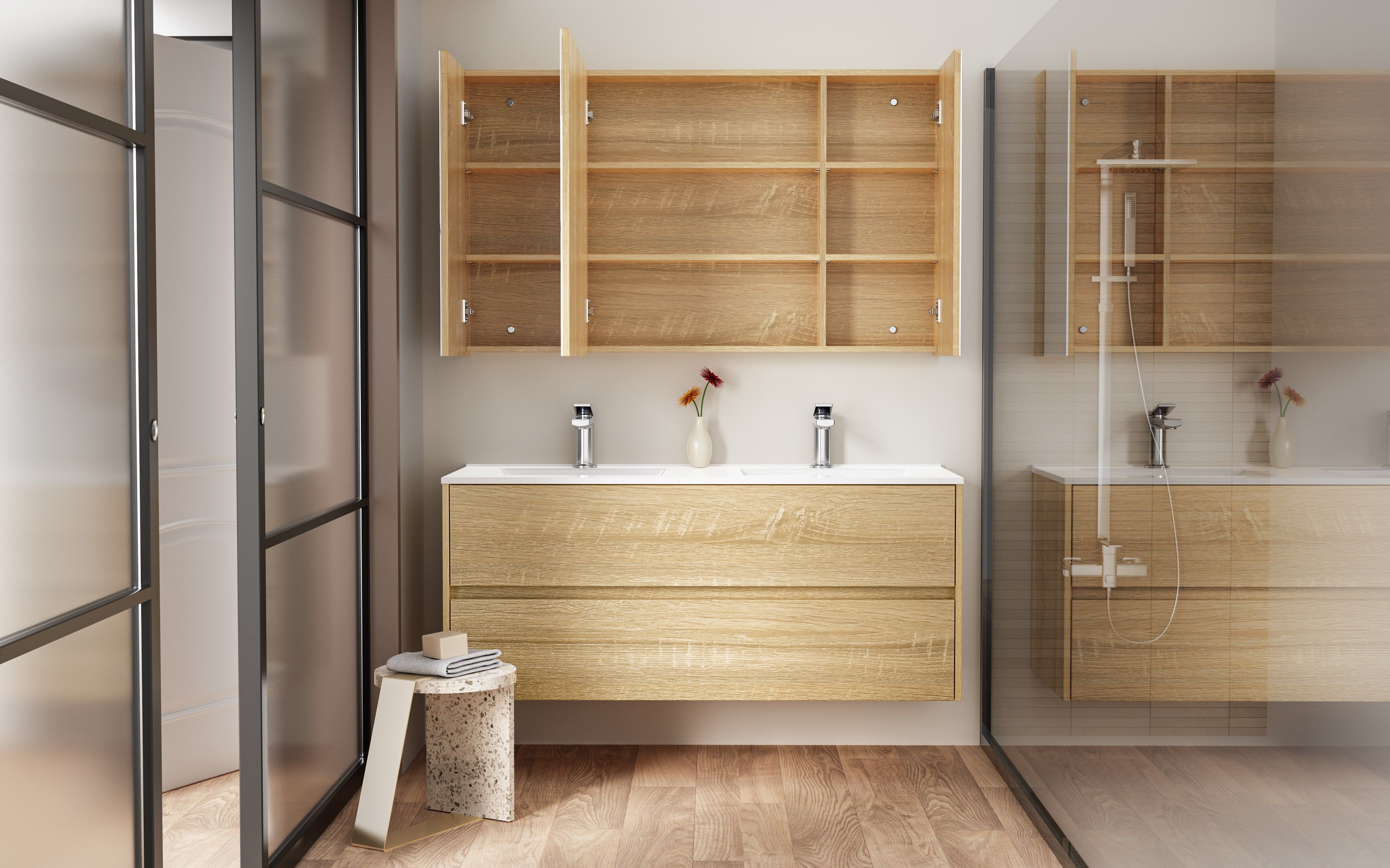 Hayat Armoire Miroir - 3 Portes Miroirs Asymétriques, À UN Seul Côté - 6 Étagères Réglables EN Hauteur - 120×70×15 CM - Chêne