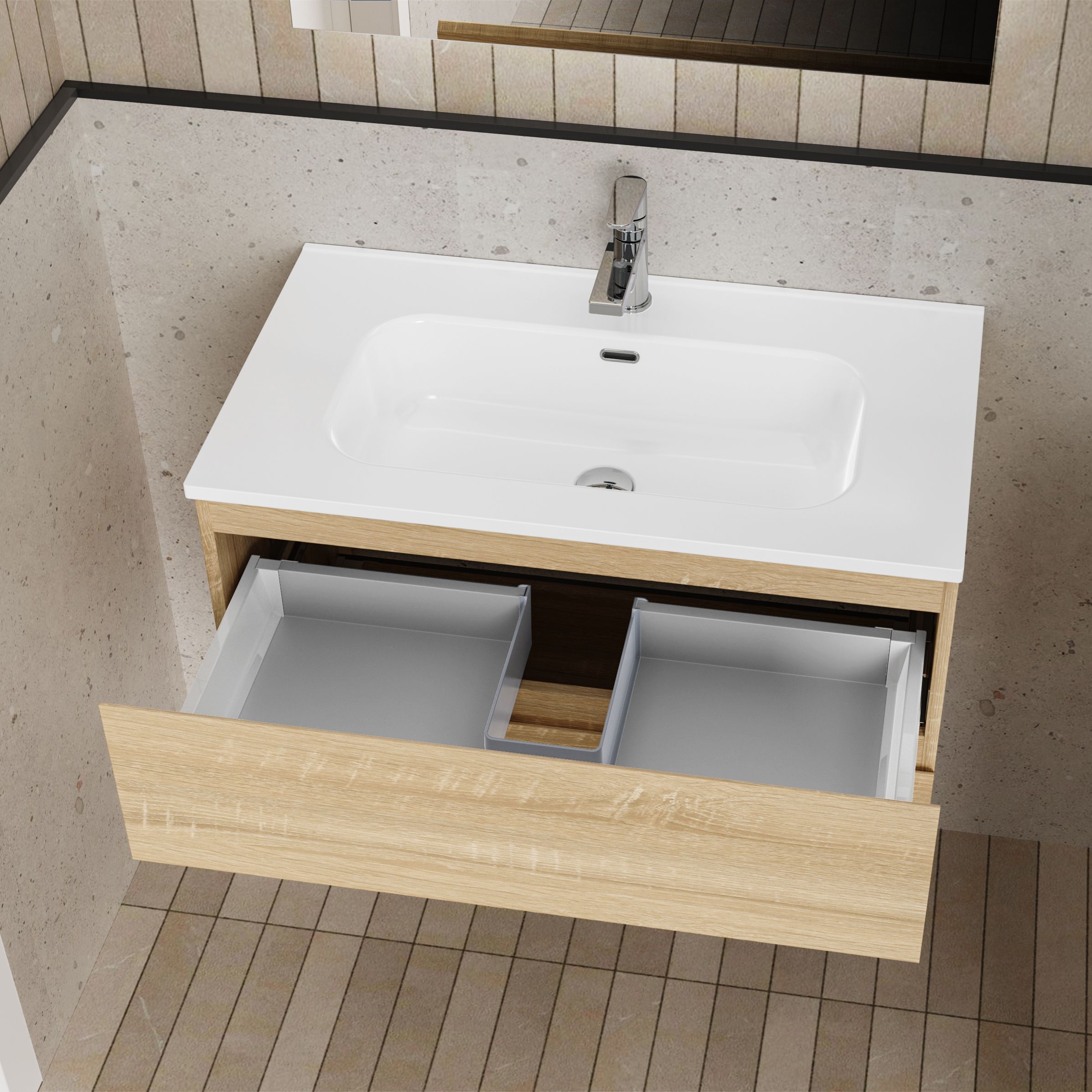 ALONI LIVA ENSEMBLE DE MEUBLE DE SALLE DE BAIN COMPLET – AVEC MEUBLE SOUS-VASQUE – AVEC VASQUE – AVEC MIROIR LED – 80 CM – CHÊNE vue 3