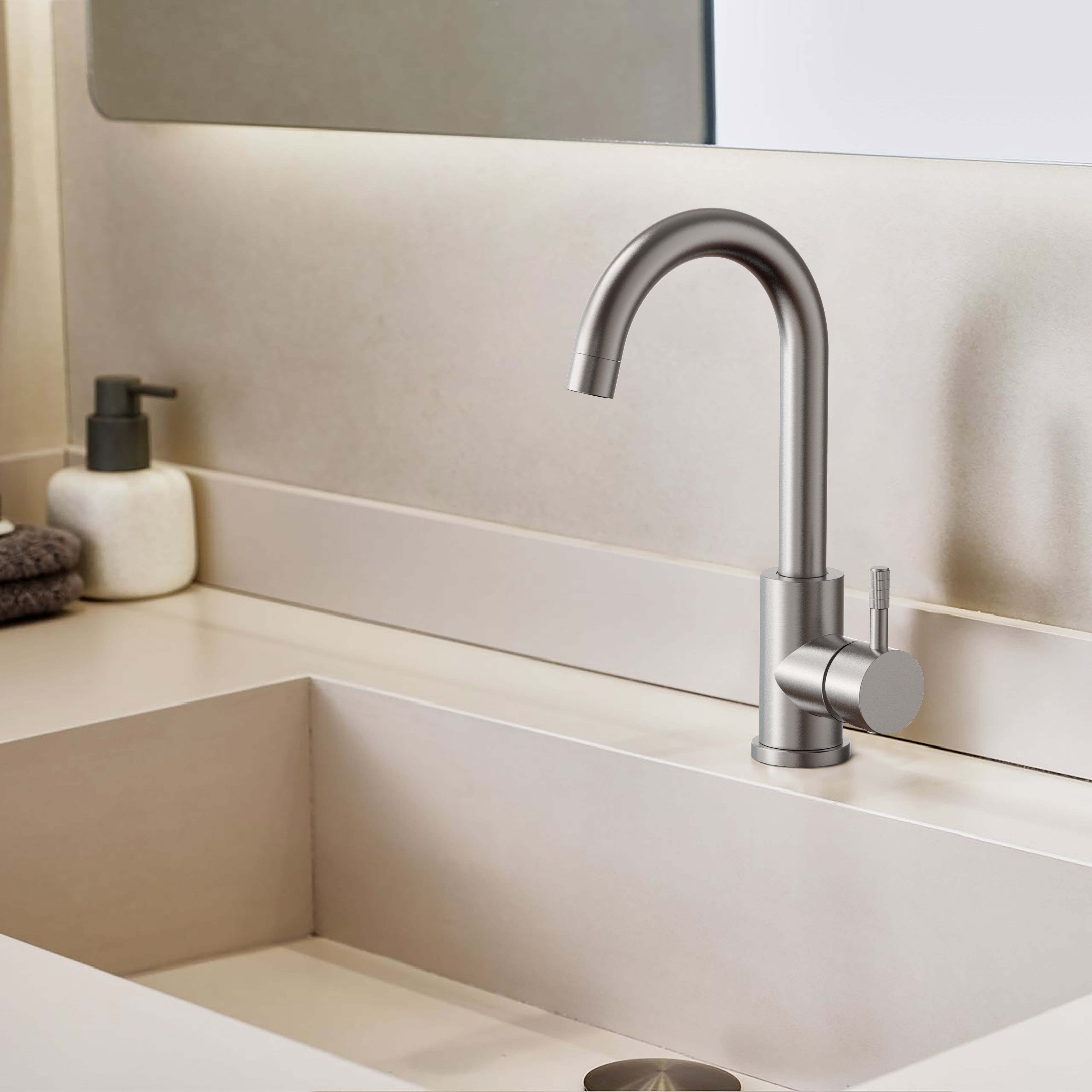 STRIA MITIGEUR LAVABO – BEC COURBÉ – MOBILE – DÉMARRAGE À FROID – POIGNÉE AVEC STRUCTURE STRIÉE RAFFINÉE – SANS BONDE – ACIER INOX BROSSÉ vue 2