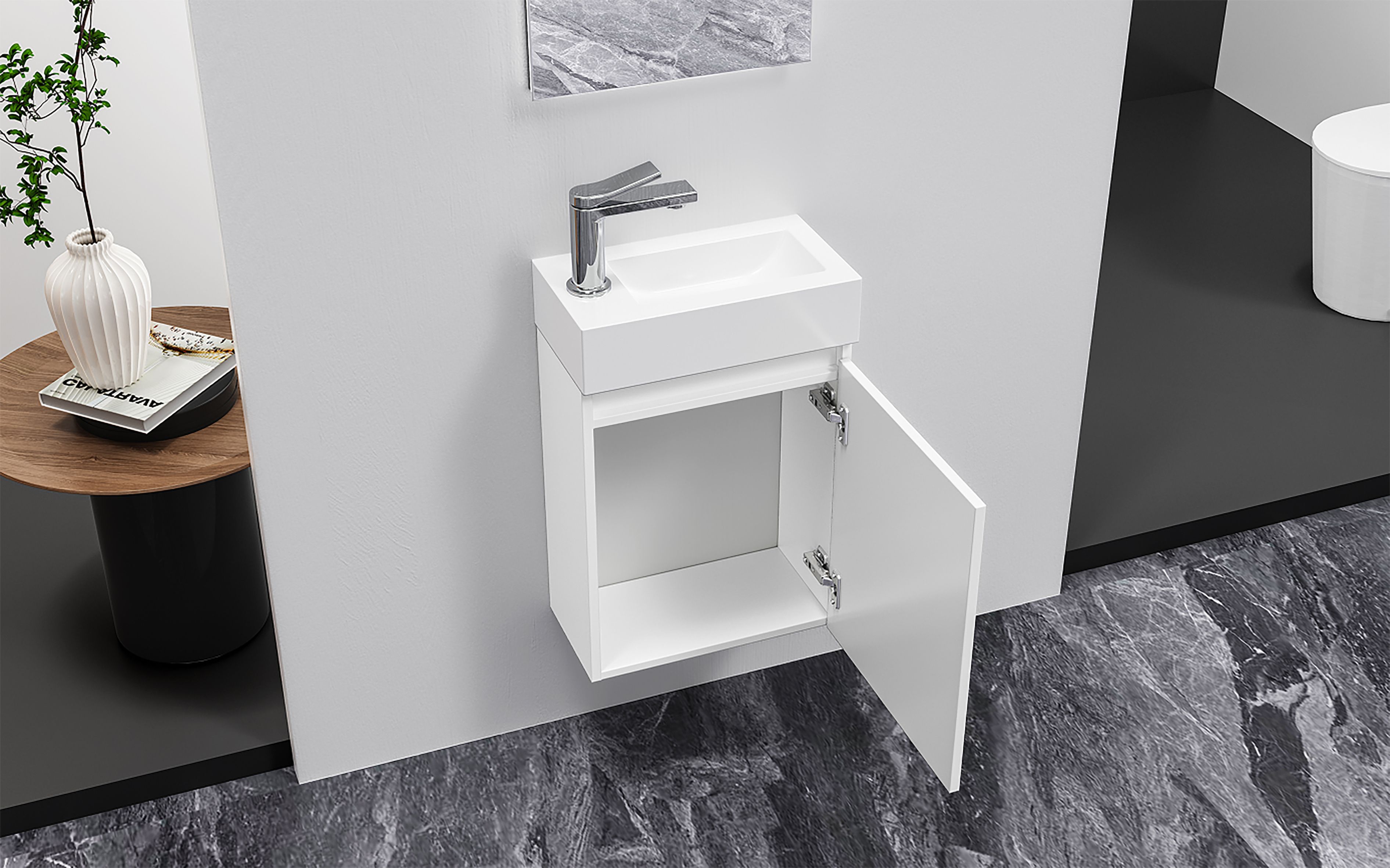 ALONI ZYRO ENSEMBLE DE MEUBLE DE TOILETTE - COMPLÈT - MEUBLE SOUS-VASQUE AVEC 1 PORTE - SANS POIGNÉE - SOFT CLOSE - RÉVERSIBLE - MIROIR - LAVE MAINS - 40,5X22,5 CM - BLANC BRILLANT vue 4