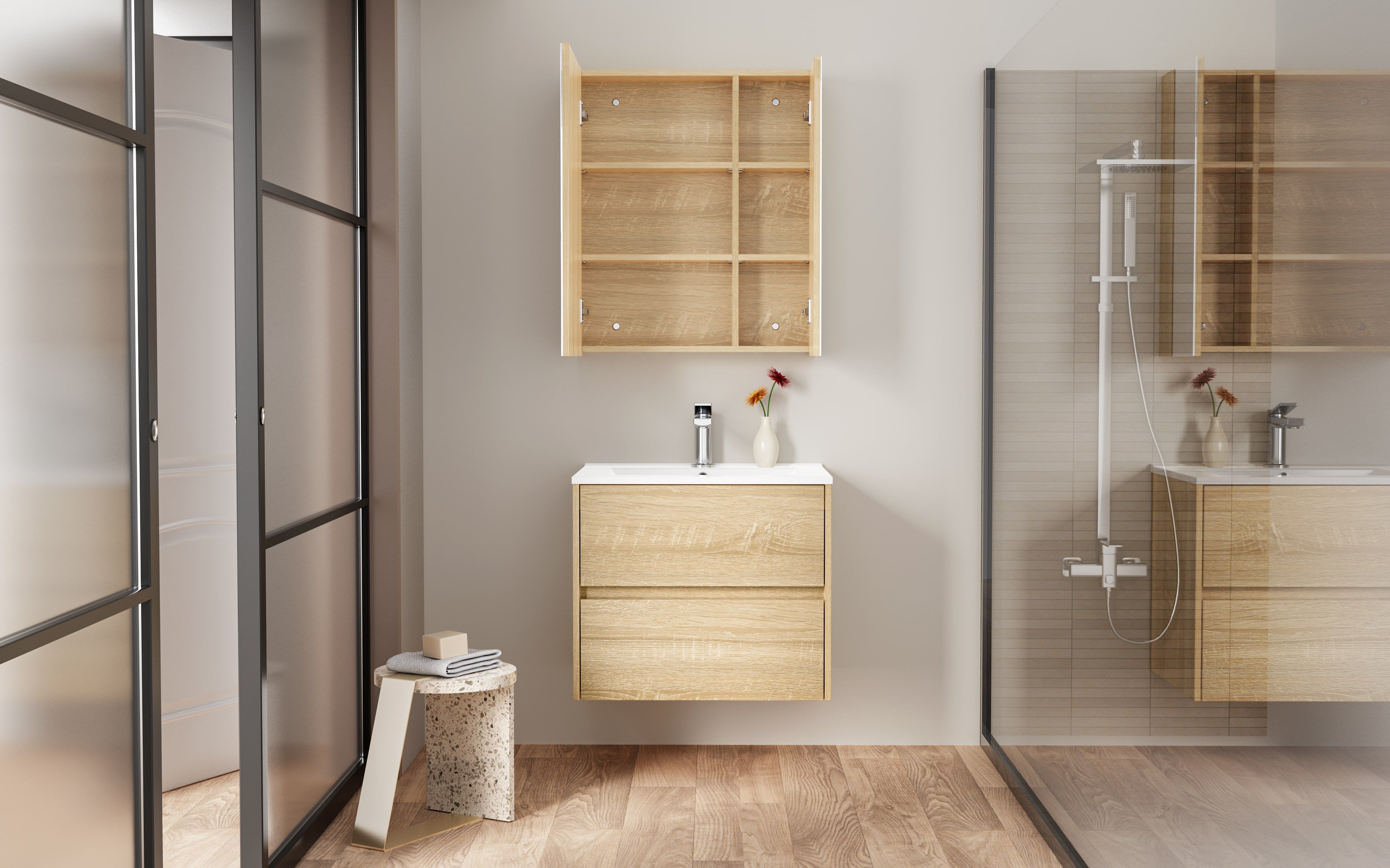 Hayat Armoire Miroir - 2 Portes Miroirs Asymétriques, À UN Seul Côté - 4 Étagères Réglables EN Hauteur - 60×70×15 CM - Chêne