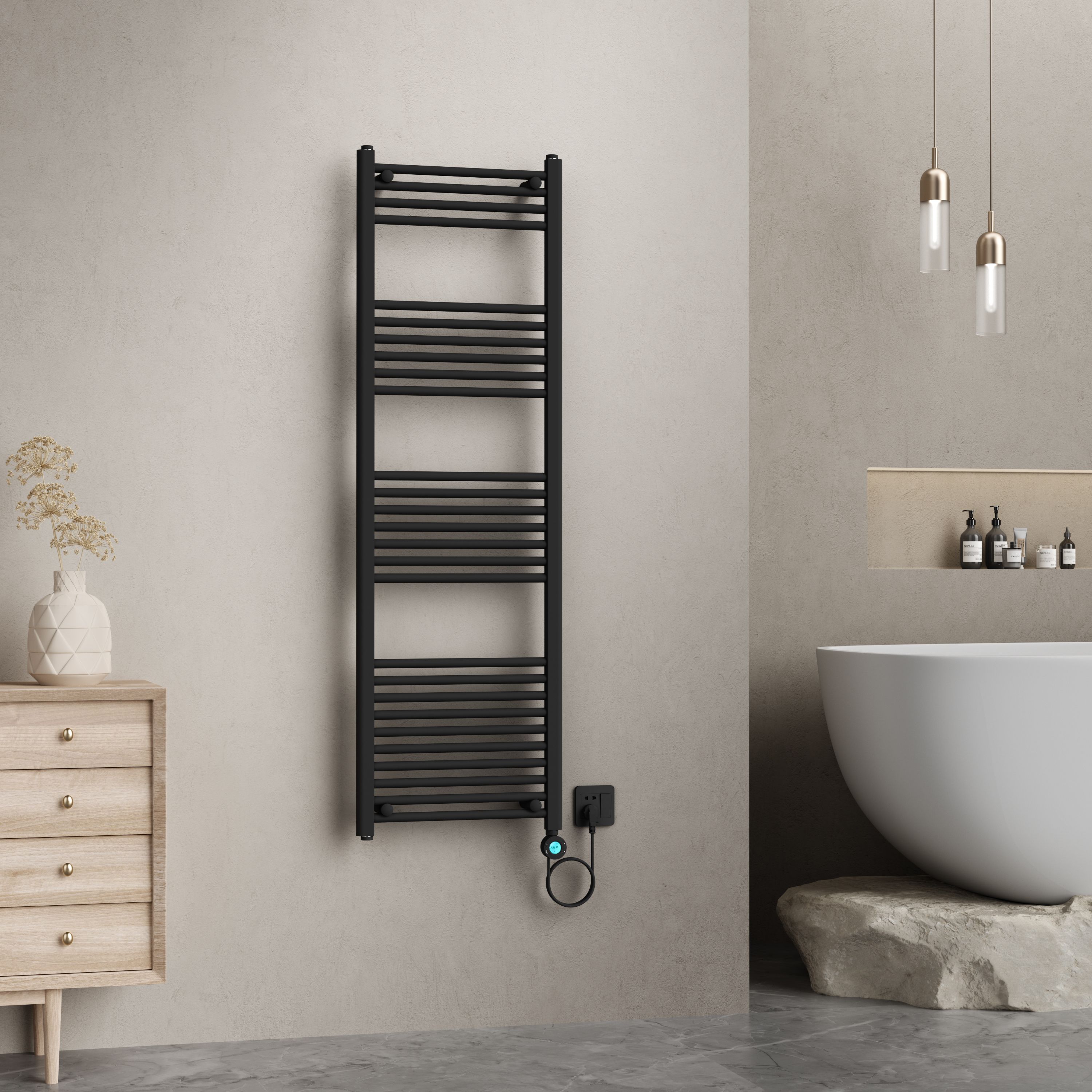 BELRAD ELEKTRISCHE HANDDOEKDROGER - MET DIGITALE, PROGRAMEERBARE THERMOSTAAT - SMART WIFI - AANSLUITING RECHTS - 900W - 1600X500 MM - MAT ZWART vue 2