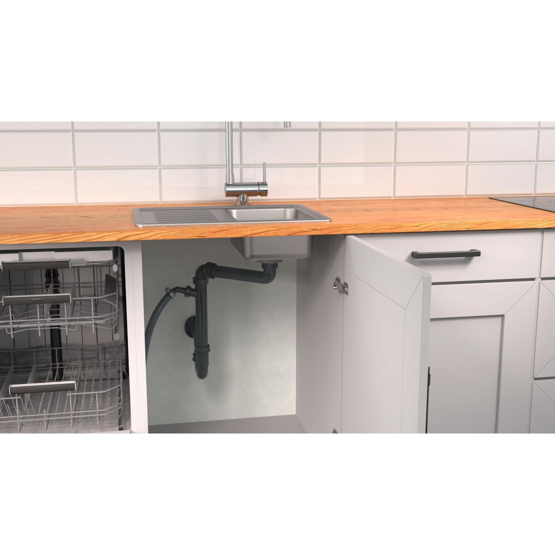 98833649 ECO-SAVE Space-saving sink tubular trap, plastic, grey, 1 1/2" female x 50 mm, with 3/4" device connection vue 6