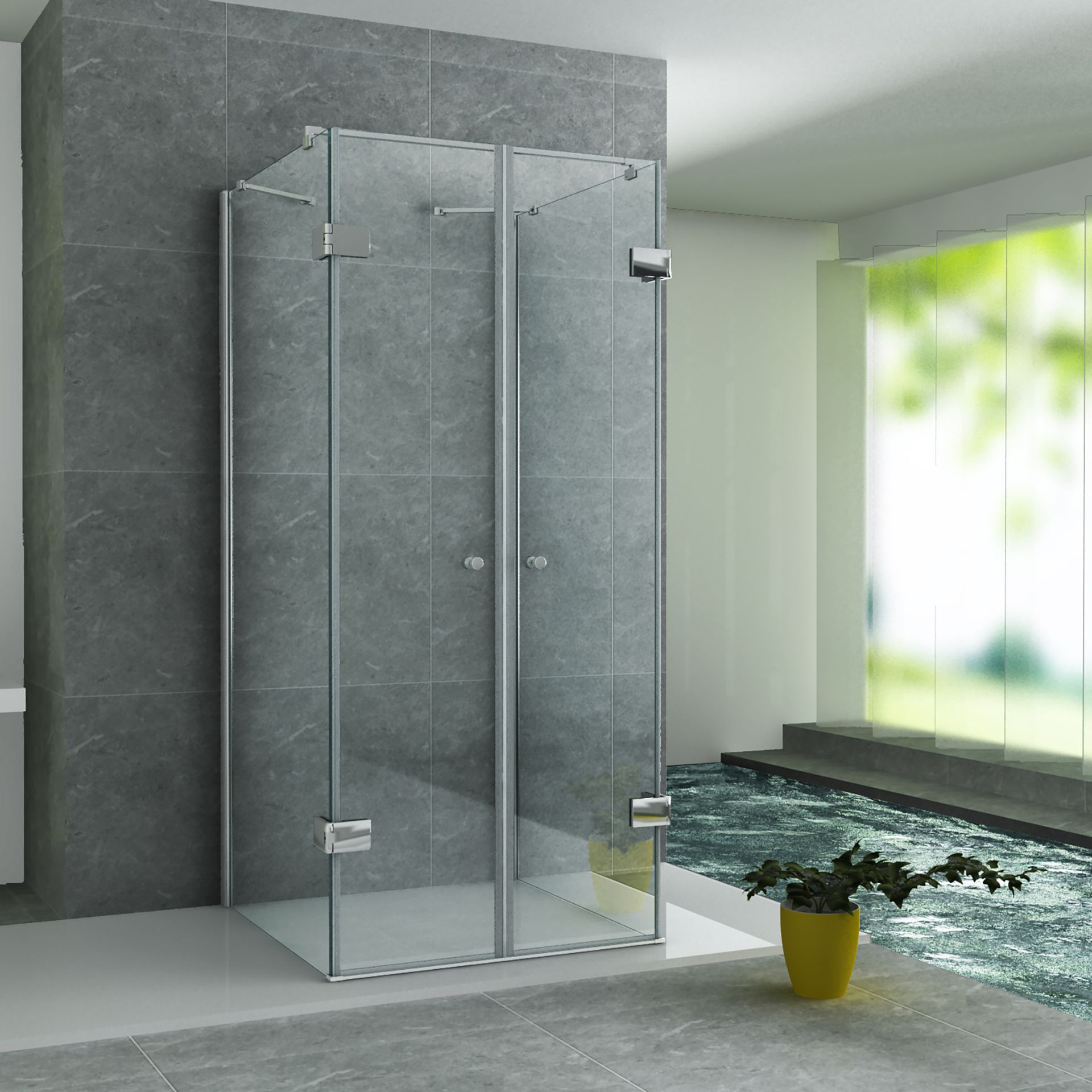 ALONI CABINE DE DOUCHE U - 2 PORTES PIVOTANTES ET 2 PAROIS LATÉRALES - 900 X 900 X1950 MM - CHROME - VERRE CLAIR vue 2