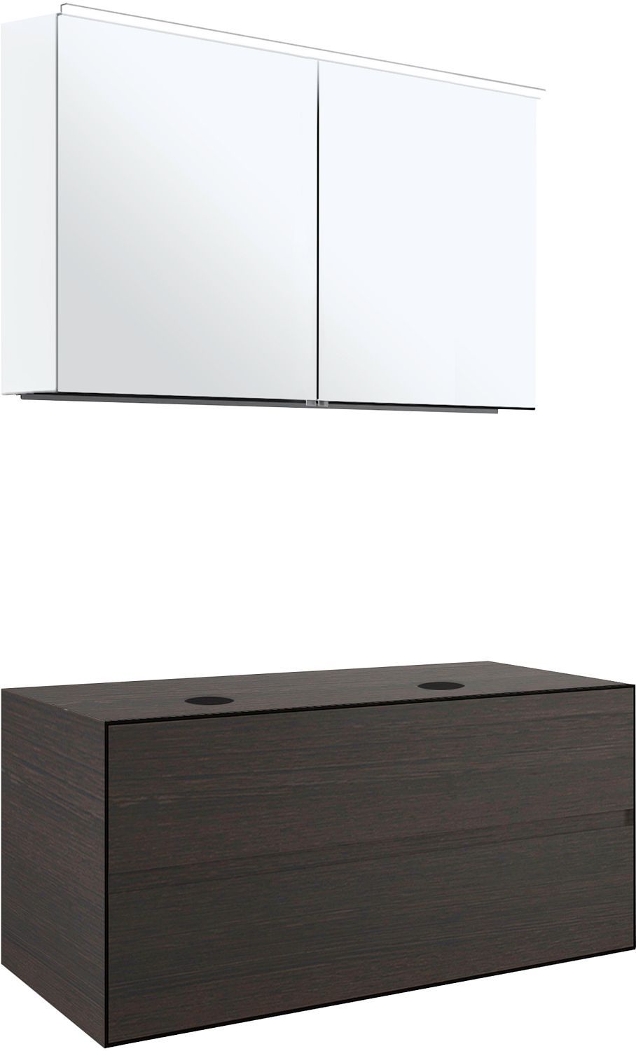 MEUBEL 2LADES+TABLET VOOR 2 OPBOUWLAVABOS TENSO 120CM ZONDER KRAANGAT WENGE MET SPIEGELKAST vue 1