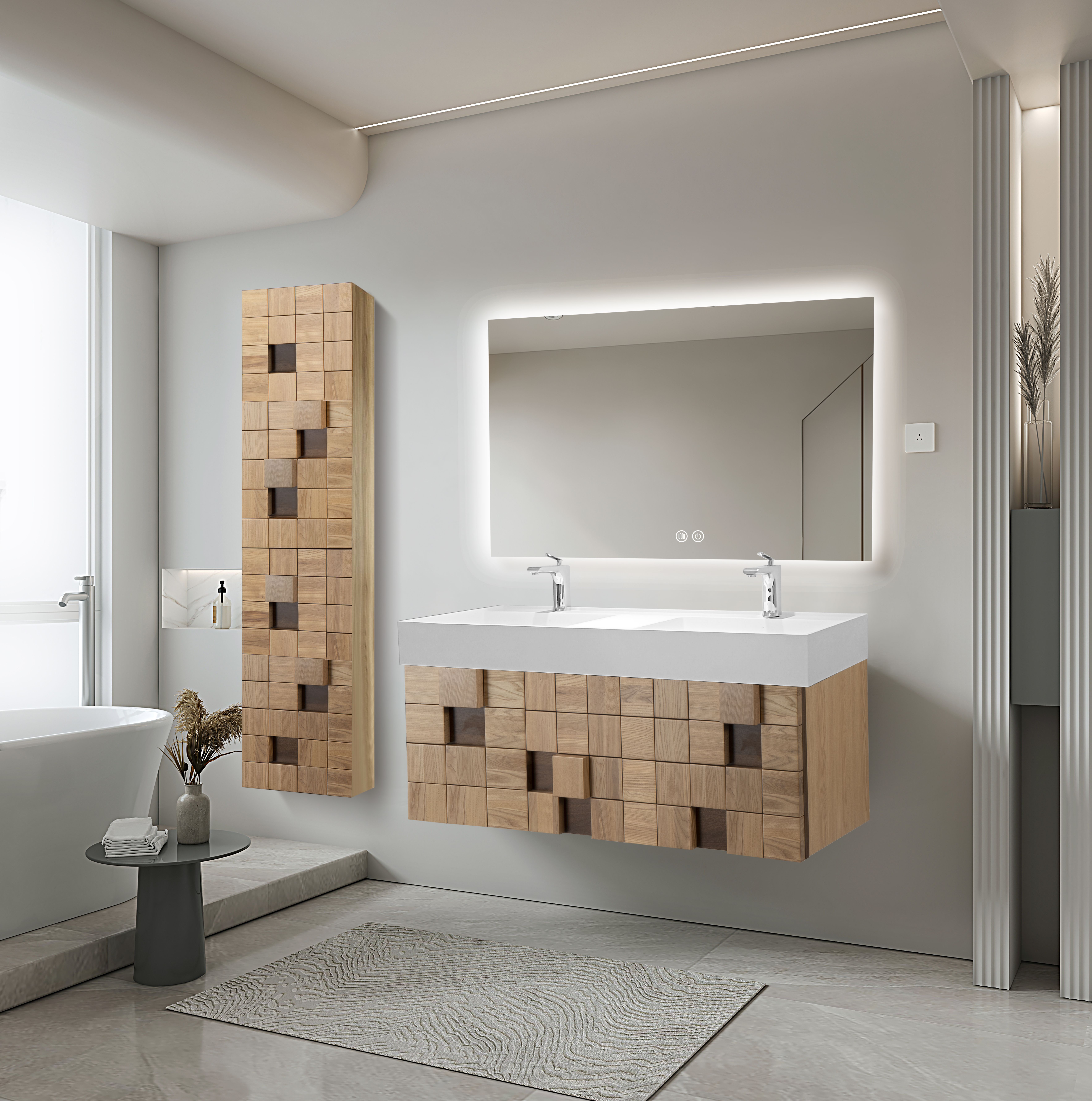 WONDA SQUARE WASTAFEL - 2 WASBAKKEN - MET OVERLOOP - ZONDER KRAANGATEN - KUNSTMARMER - 120X12X52,5 CM - MAT WIT vue 4