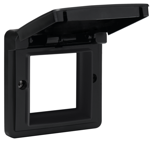 Cadre d’adaptation avec clapet pour fonctions 45 x 45 mm dans des boîtes de montage étanches, couleur noir