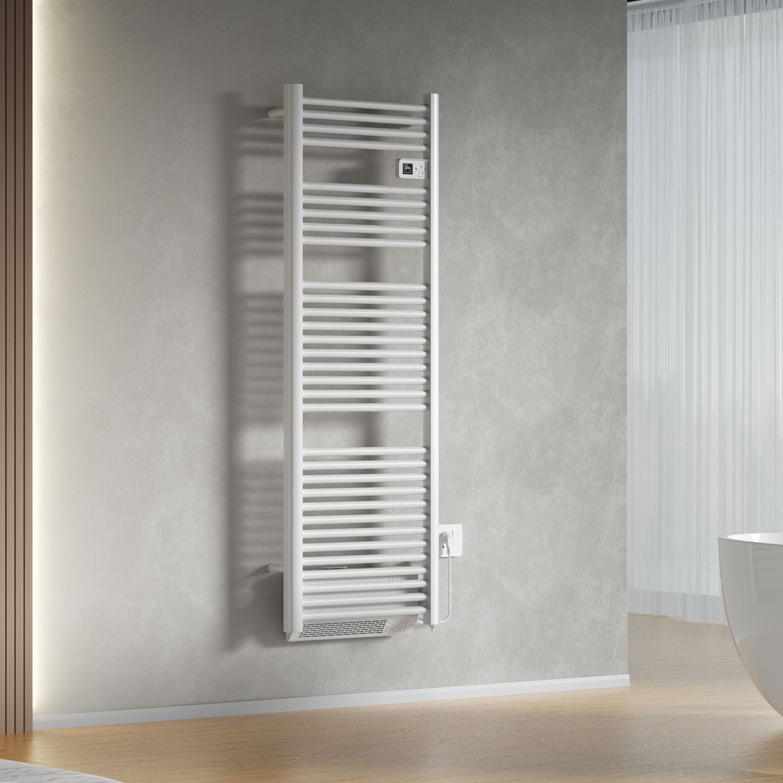 Belrad Sèche-serviettes Électrique Avec Souffleur – Avec Thermostat Numérique Programmable – Smart Wifi - 1850W – 1640×540×133 MM – Blanc Brillant