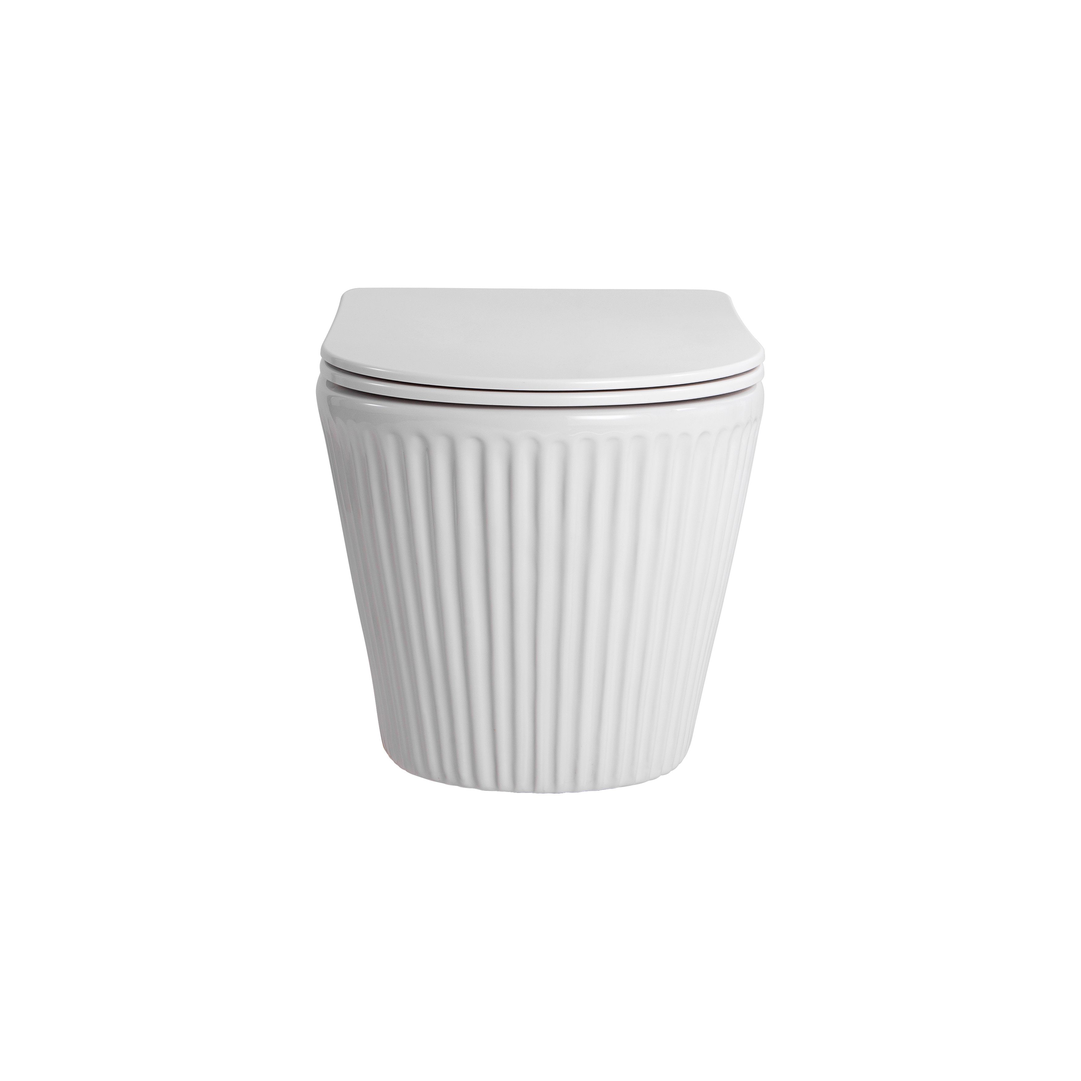 MUFFLY WC SUSPENDU AVEC STRUCTURE CANNELÉE – SANS BRIDE – TORNADO FLUSH – AVEC ABATTANT – DUROPLAST – SOFT CLOSE – QUICK RELEASE – CÉRAMIQUE – 36,5X52X34,6 CM – BLANC BRILLANT vue 4