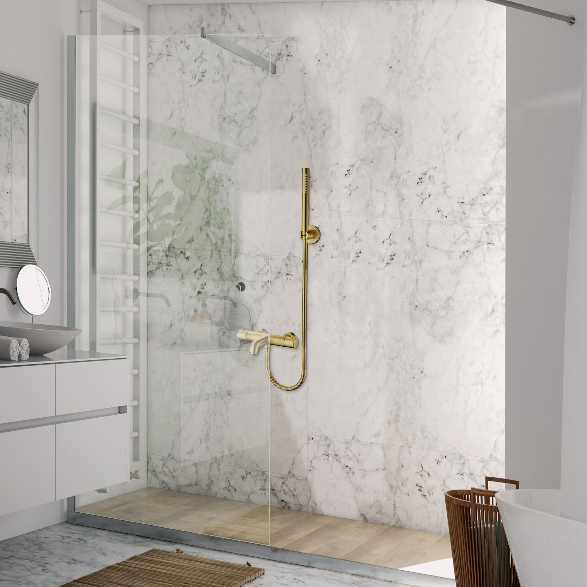 ALONI MITIGEUR BAIN ET DE DOUCHE - THERMOSTATIQUE - AVEC FLEXIBLE DE DOUCHE 150 CM, POMME DE DOUCHE ET SUPPORT MURAL - OR BROSSÉ vue 2