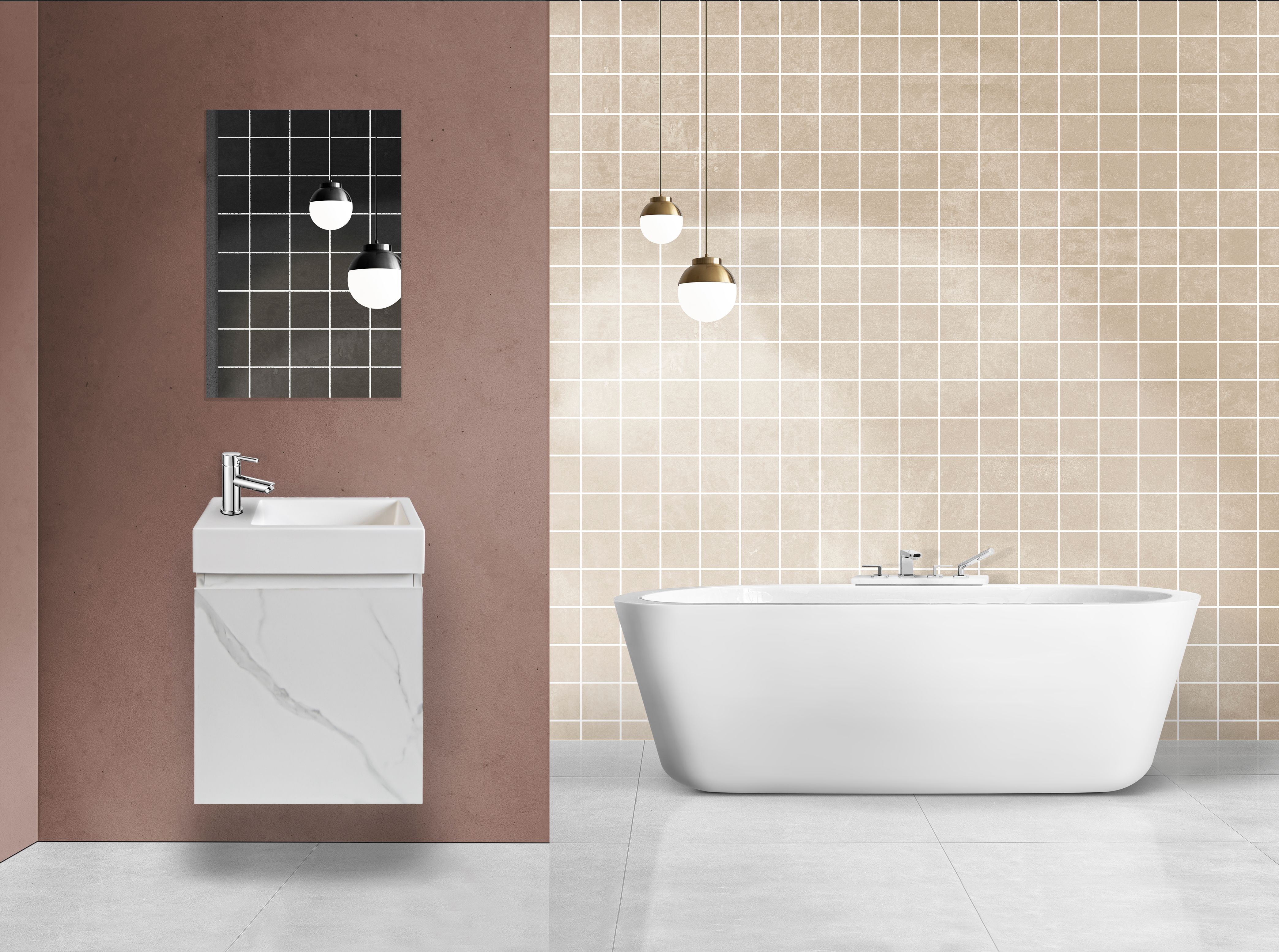 Aloni Mkado Meuble DE Toilette - 1 Porte - Droite - Sans Poignée - Soft Close - 40×50×22,3 CM - Marbre Blanc