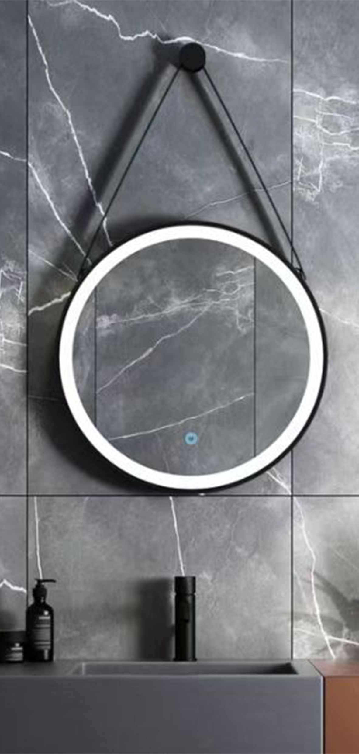 Aloni Beltia Miroir - Avec Éclairage LED - Rond - Avec Cadre - Avec Sangle EN Cuir Synthétique ET Crochet - Température DE Couleur LED 3500-6500K - 60CM - Noir Mat