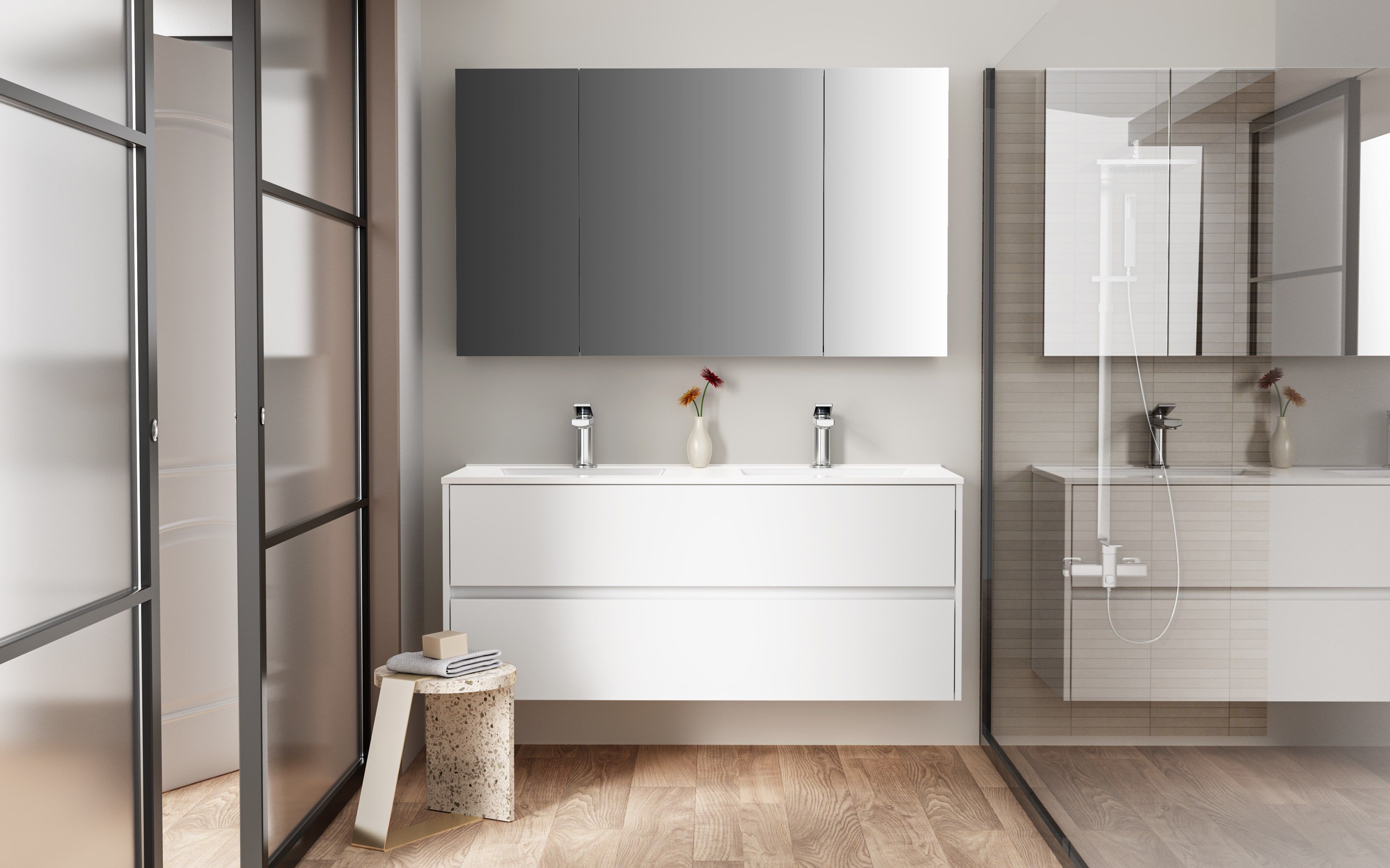 HAYAT ARMOIRE MIROIR - 3 PORTES MIROIRS ASYMÉTRIQUES, À UN SEUL CÔTÉ - 6 ÉTAGÈRES RÉGLABLES EN HAUTEUR - 120X70X15 CM - BLANC BRILLANT vue 4