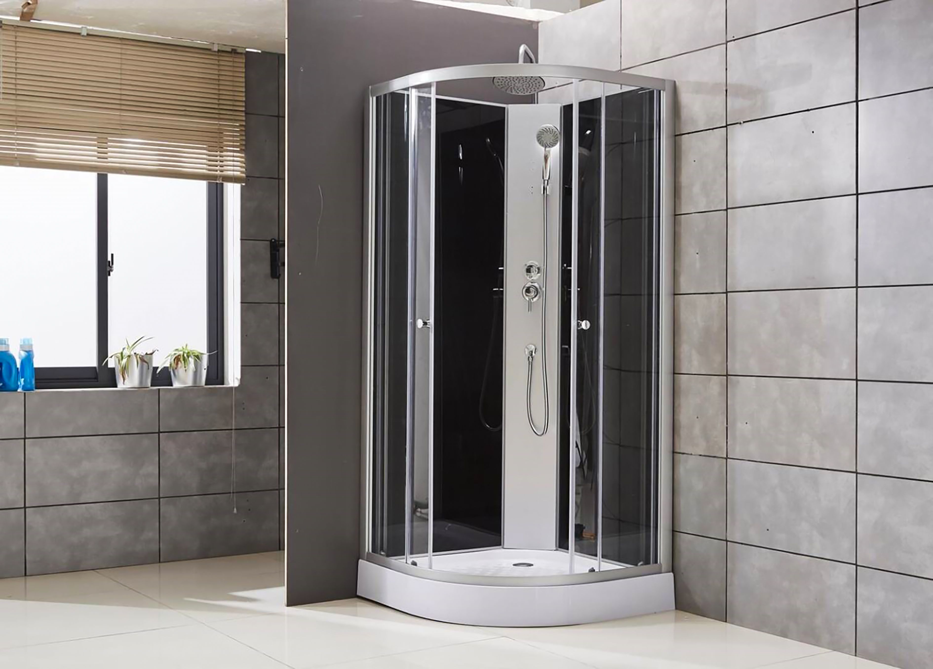 Aloni Cabine DE Douche Complète Quart DE Rond – Avec Douche DE Pluie – 90×220×90 CM – Chrome Mat – Panneaux Arrière EN Verre Noir – Portes Coulissantes EN Verre Clair