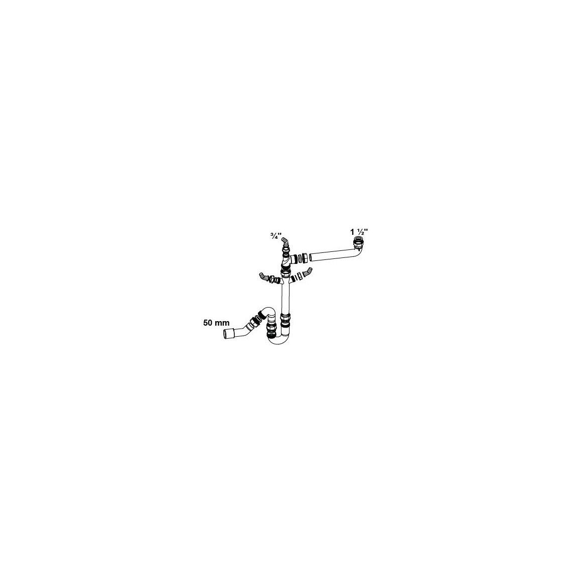 98833748 Space-saving sink tubular trap, plastic, white, 1 1/2" female x 40/50 mm, with 3 x 3/4" device connection vue 2