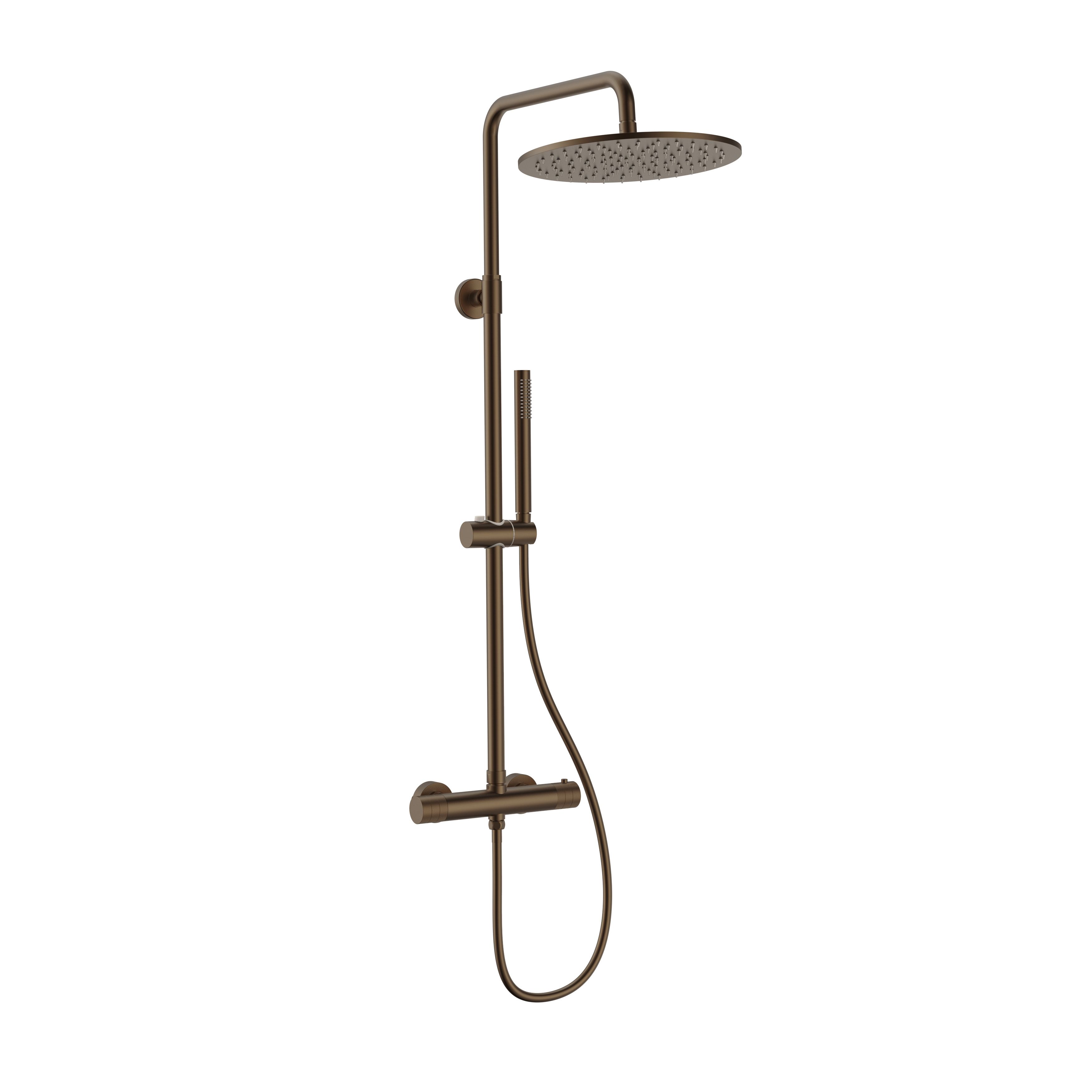 STRIA REGENDOUCHESET - THERMOSTATISCH - COOL TOUCH - HOOFDDOUCHE 30 CM - OPBOUW - KNOPPEN MET VERFIJNDE RIBBELSTRUCTUUR - BELGAQUA - BRUIN BRONS (PVD) vue 2