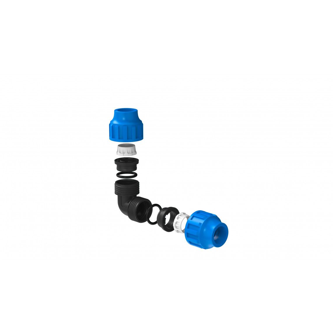 984845117 Connection angle 90°, PP, 20 mm, clamp fitting for HDPE pipe, DVGW certified vue 3