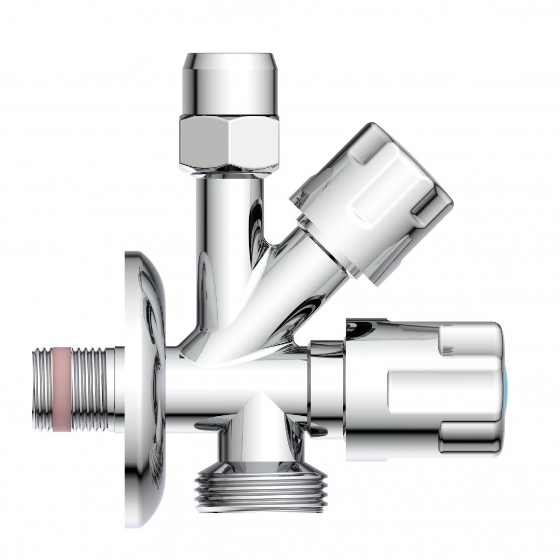 98629500 Additional angle valve, chrome, 3/8" male x 3/4" male x 3/8" male x 10 mmQ, with non-return valve, with self sealing vue 3