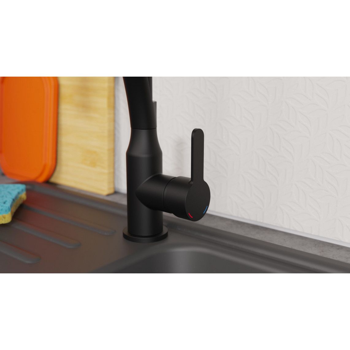NI183CARB CARNEO Keukenkraan, mat zwart/zwart, met soft-touch slang vue 7