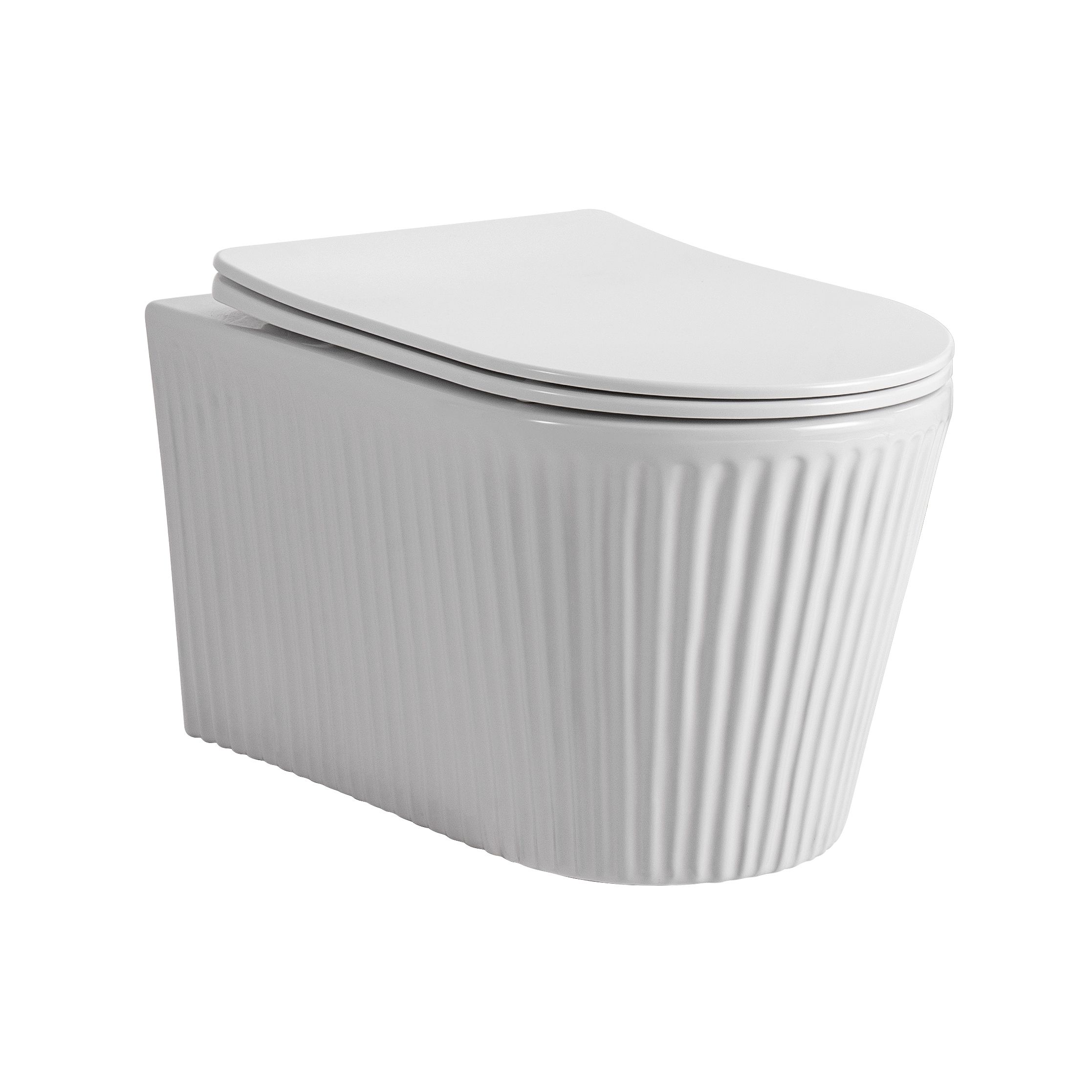 MUFFLY WC SUSPENDU AVEC STRUCTURE CANNELÉE – SANS BRIDE – TORNADO FLUSH – AVEC ABATTANT – DUROPLAST – SOFT CLOSE – QUICK RELEASE – CÉRAMIQUE – 36,5X52X34,6 CM – BLANC BRILLANT vue 2