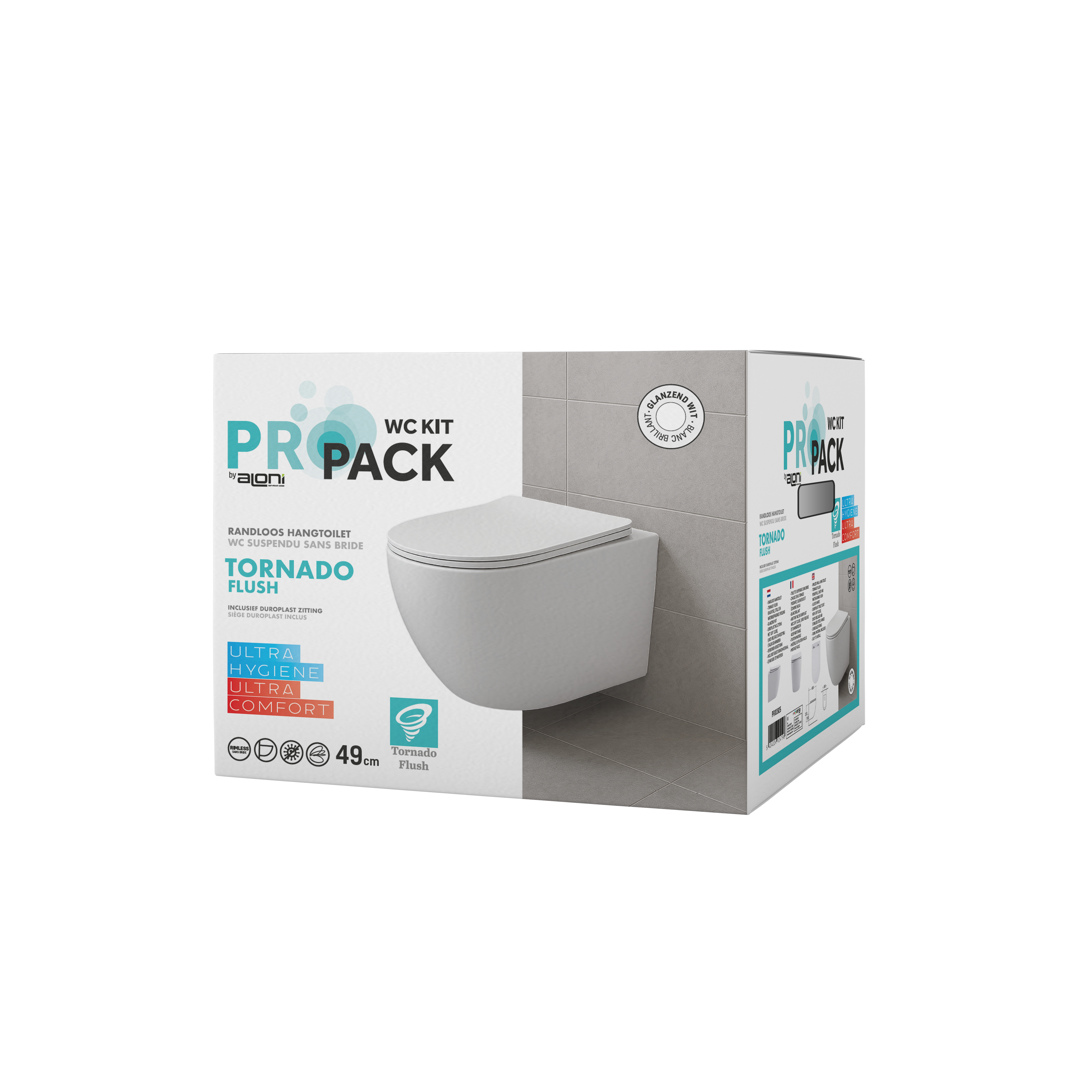 ALONI PRO WC SUSPENDU – TORNADO FLUSH – SANS BRIDE – AVEC ABATTANT – DUROPLAST – SOFT CLOSE – QUICK RELEASE – COMPACT 49 CM - 36X32X49 CM – BLANC BRILLANT vue 2