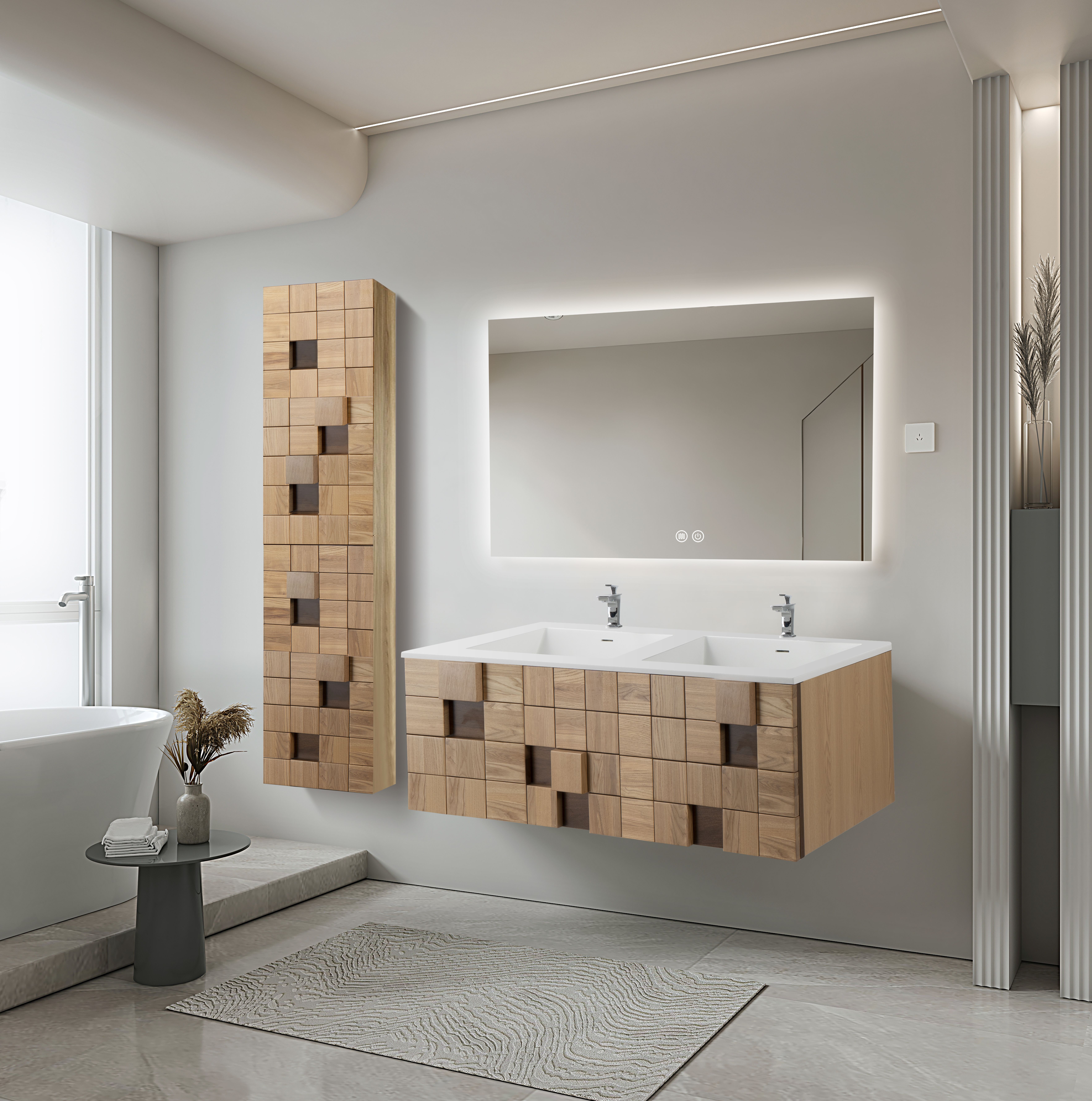 Mimoza Meuble Sous-vasque - 1 Tiroir - Sans Poignée - Soft Close – 119×40×52 CM - Chêne Clair