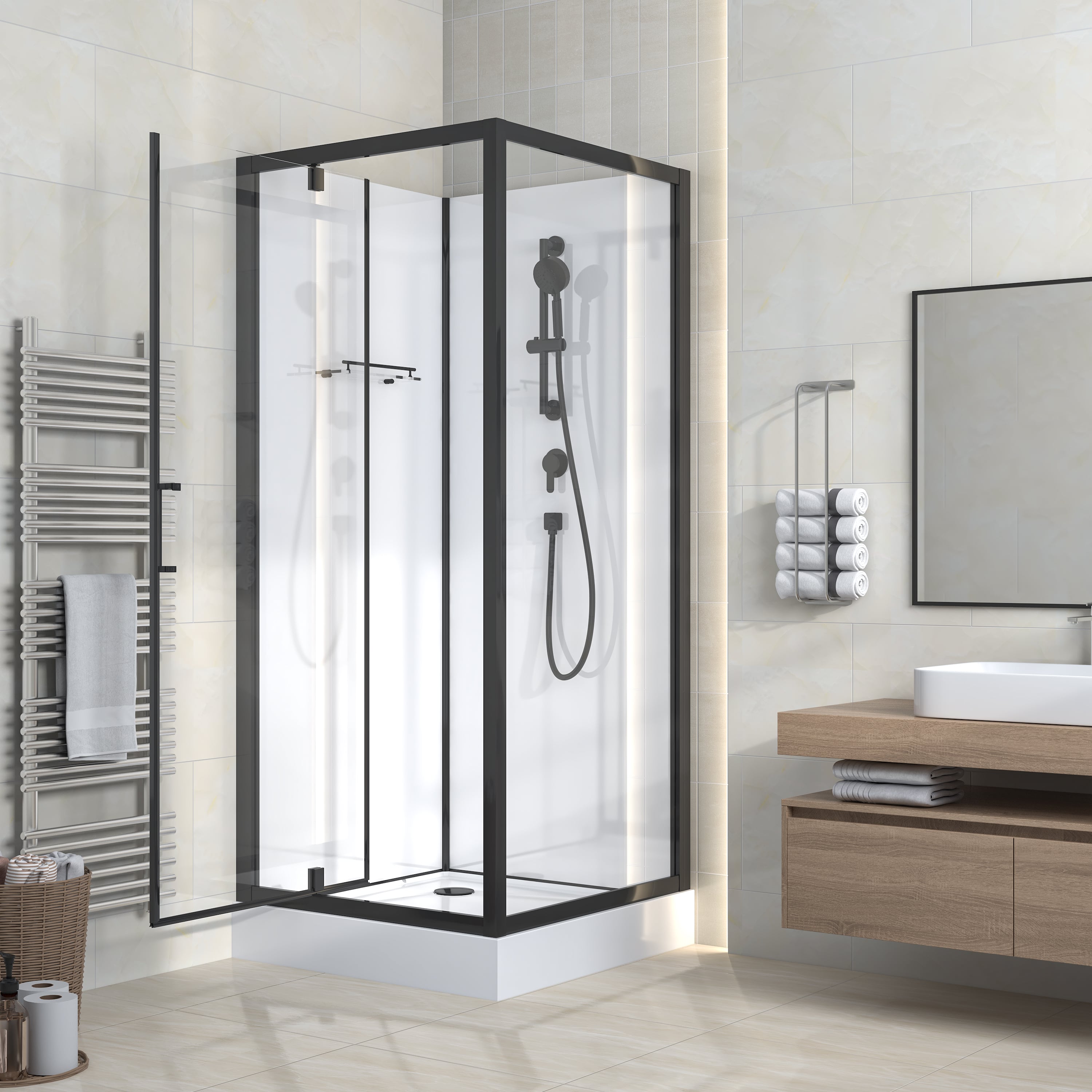 RIMO CABINE DE DOUCHE COMPLÈTE AVEC PORTE PIVOTANTE - RÉVERSIBLE - 80X215X80 CM - NOIR MAT - VERRE CLAIR