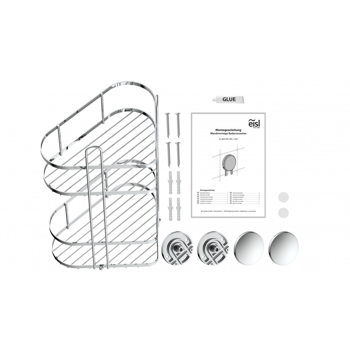 BA0203 tablette d'angle pour douche 2 niveaux, chromé, à coller ou vis
