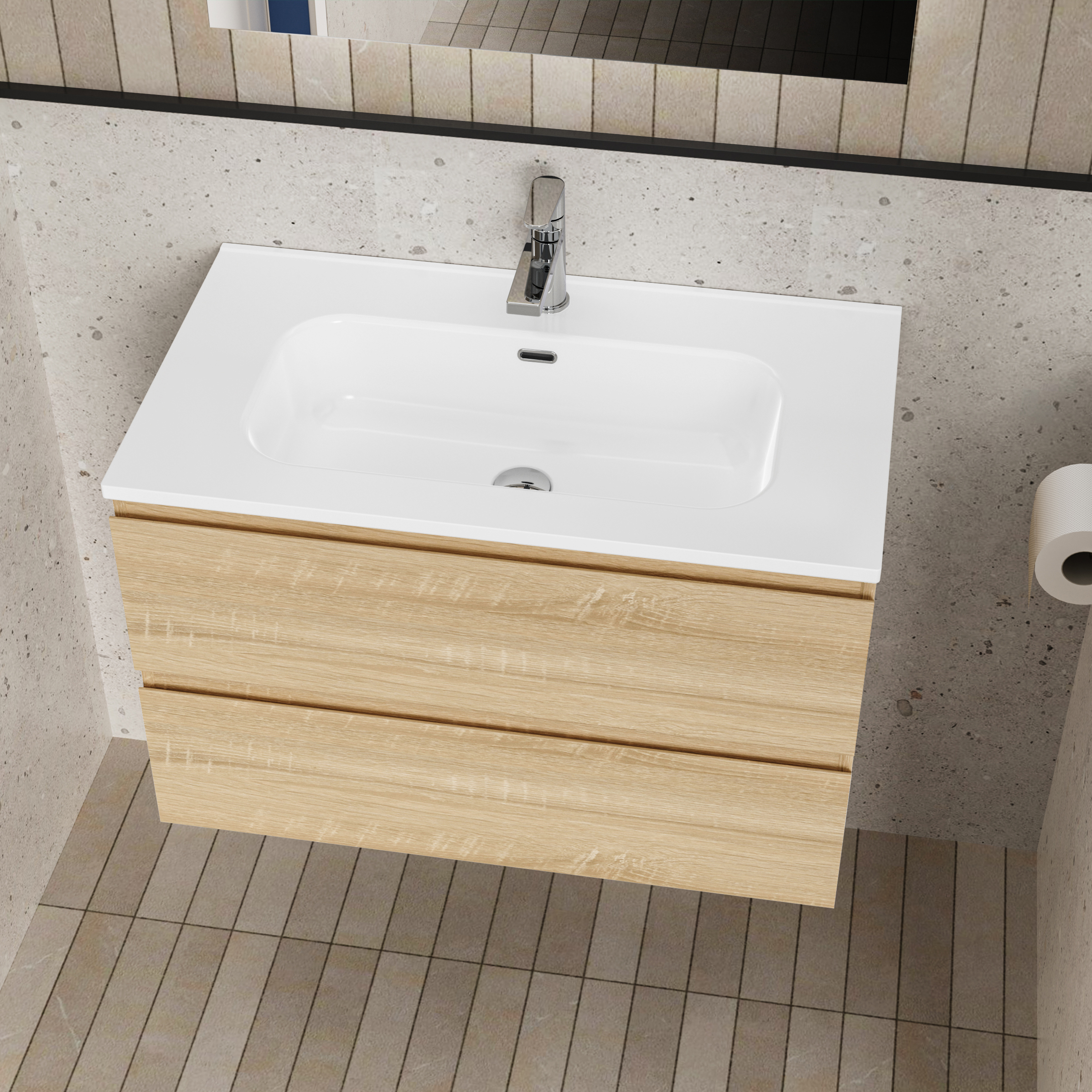 ALONI LIVA ENSEMBLE DE MEUBLE DE SALLE DE BAIN COMPLET – AVEC MEUBLE SOUS-VASQUE – AVEC VASQUE – AVEC MIROIR LED – 80 CM – CHÊNE